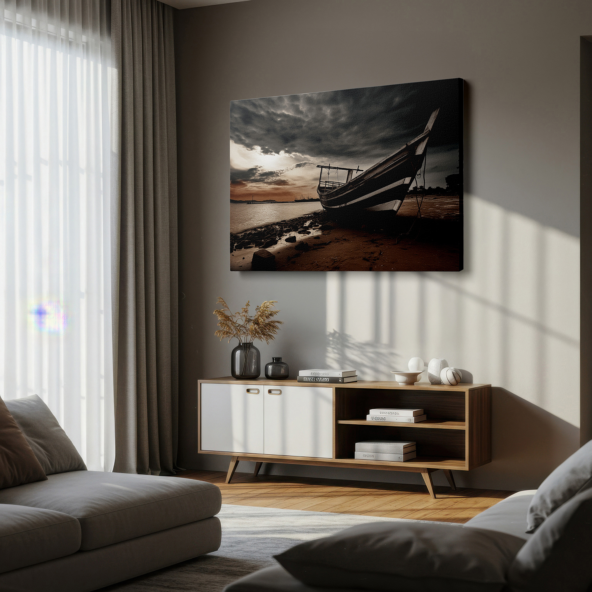 Bathed in morning sunlight streaming through sheer curtains — timeless solitude: black and white fishing boat canvas, large wall art for home and office decor