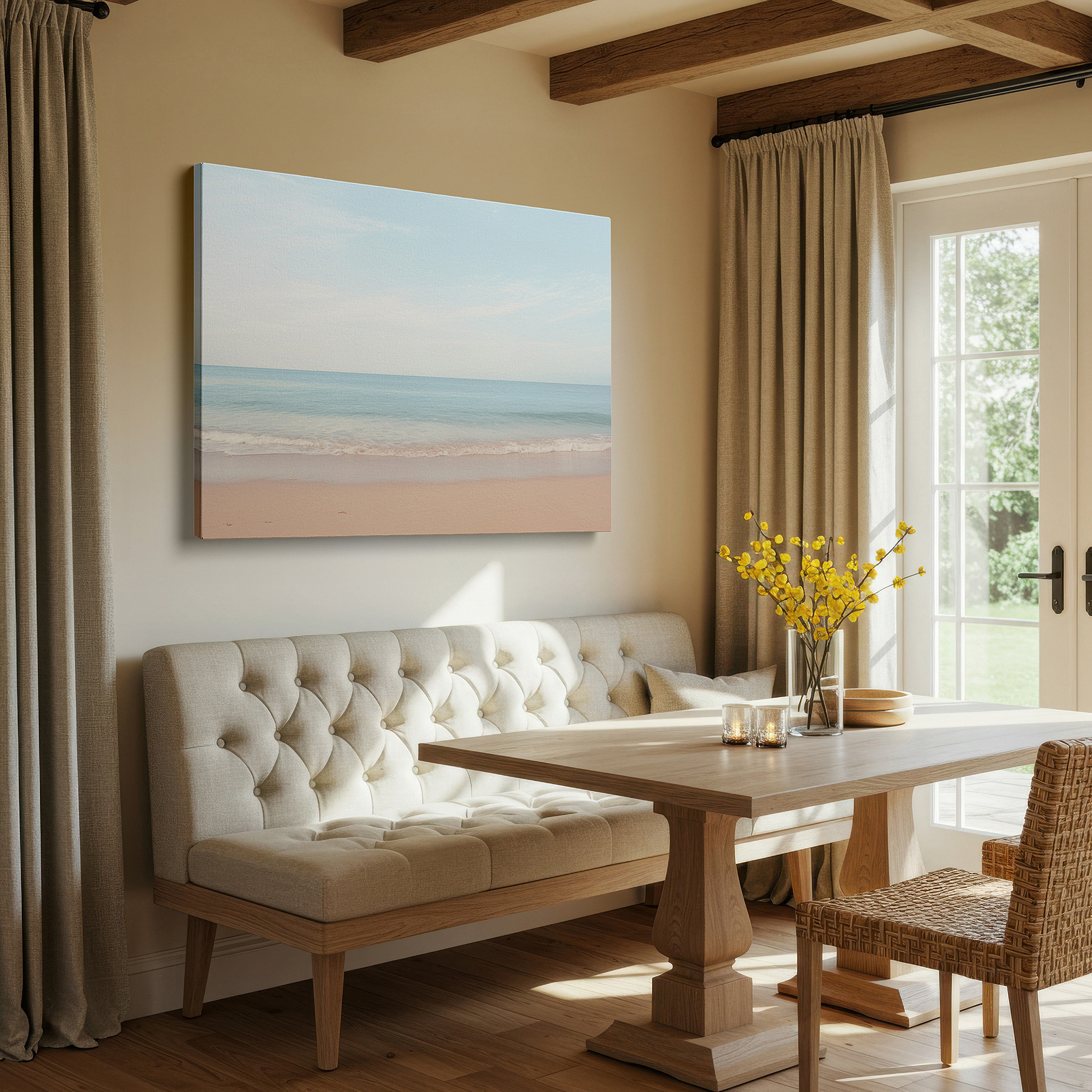 Bathed in morning sunlight streaming through sheer curtains — tranquil beachscape wall art featuring turquoise waters and golden sands beneath a radiant blue sky - large canvas wall art for home and office decor