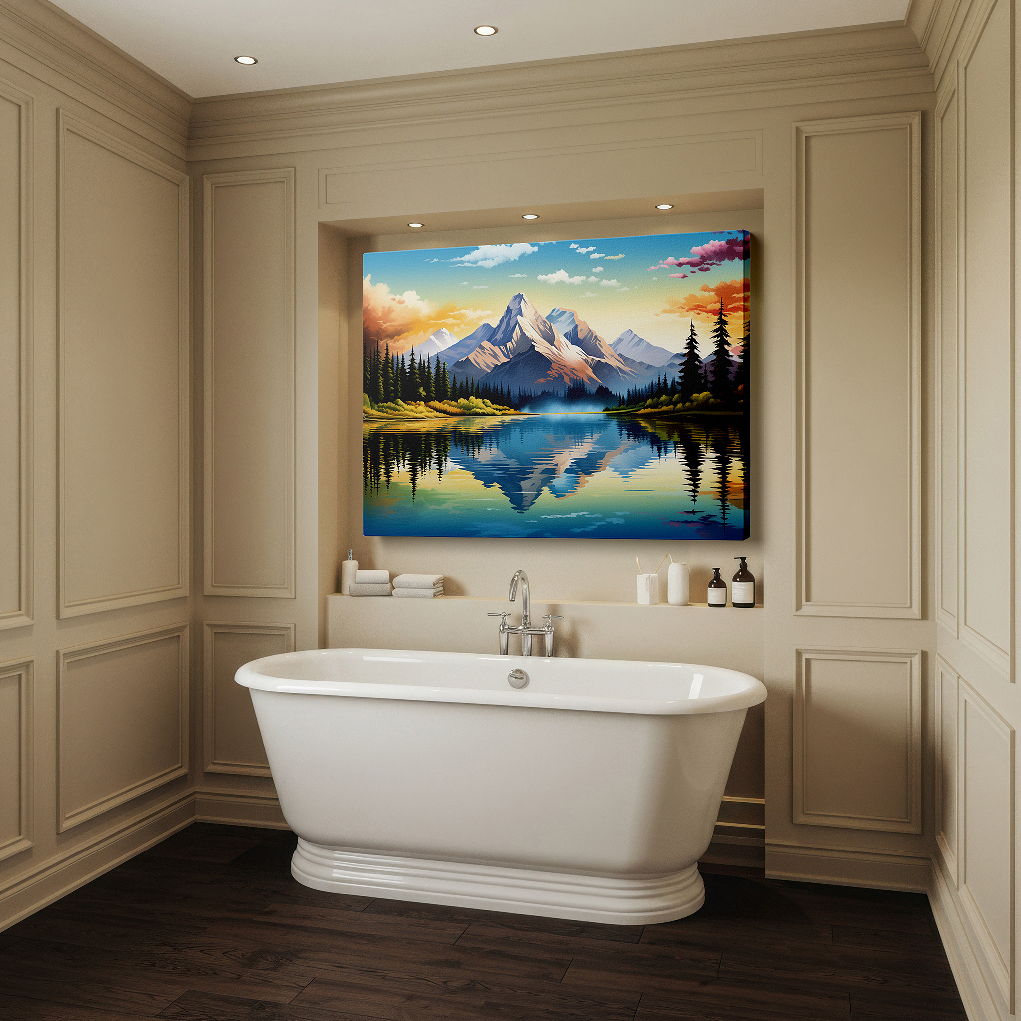 Bathed in morning sunlight streaming through sheer curtains — tranquil evening by the lake: sunset glow - serene solitude and reflective exploration - large canvas wall art for office decor