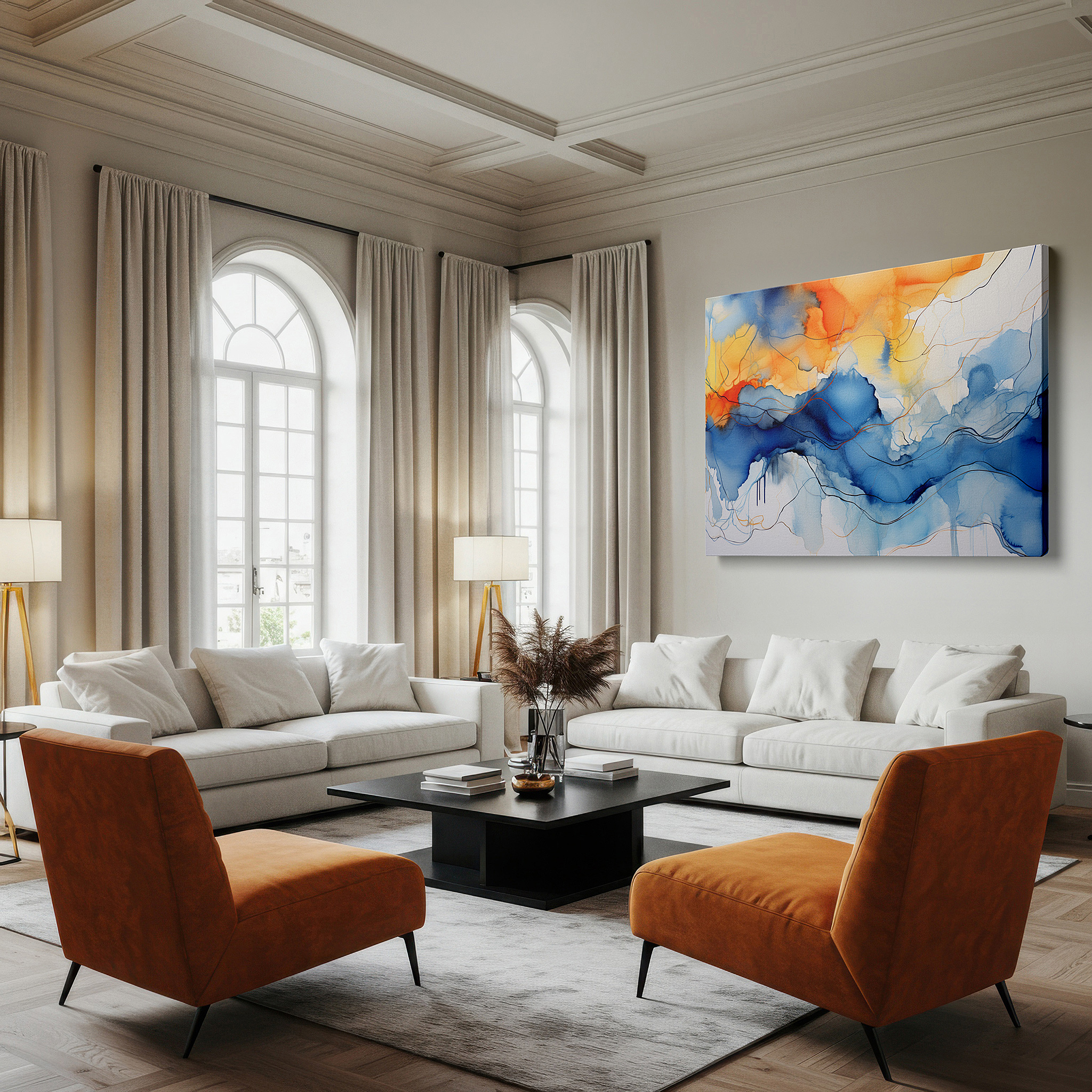 Bathed in morning sunlight streaming through sheer curtains — a tranquil fusion of ocean blues and sunset oranges in a graceful display of nature's palette large wall art, canvas wall art, wall decor, office wall art