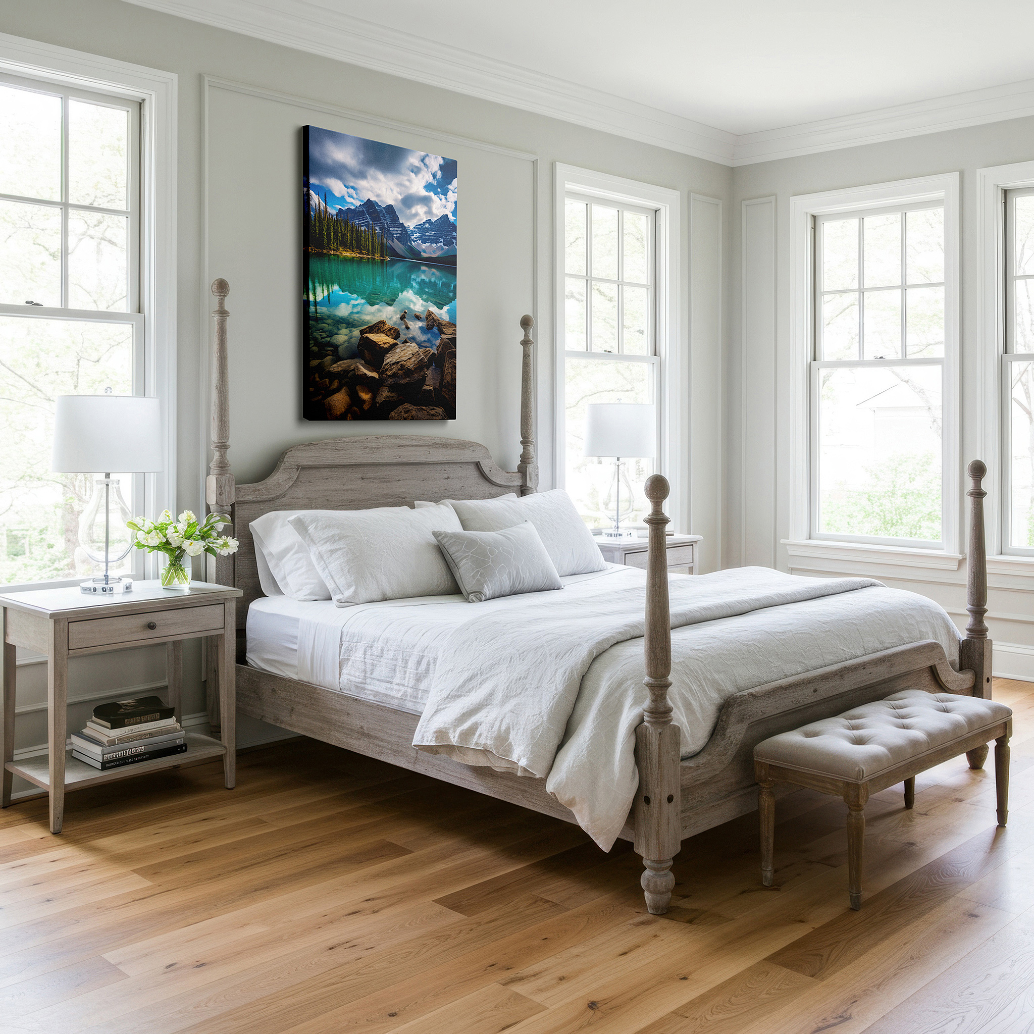 Bathed in morning sunlight streaming through sheer curtains — tranquil mountain lake surrounded by majestic peaks with reflective dynamic skies, large canvas wall art for office and bedroom decor