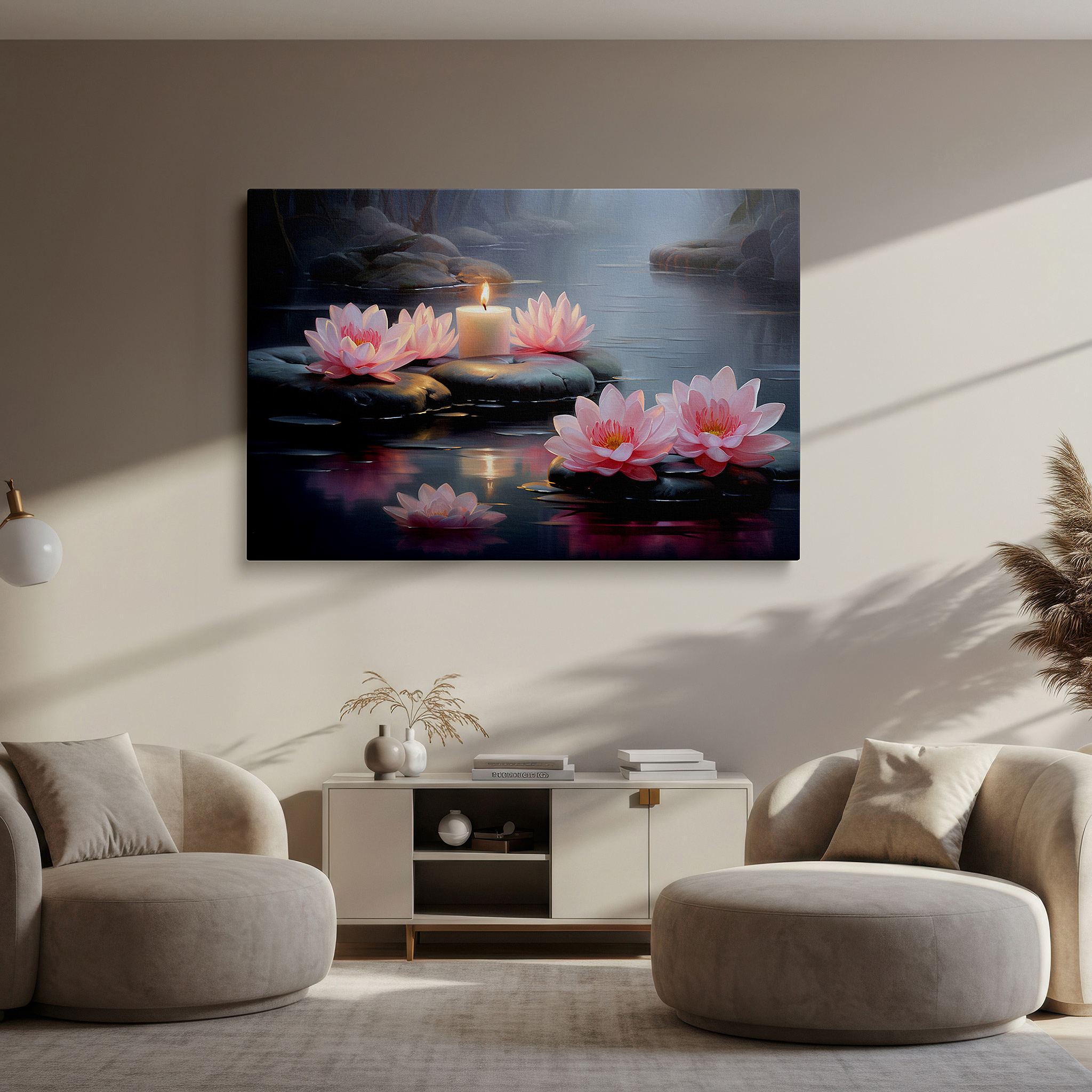 Bathed in morning sunlight streaming through sheer curtains — tranquil pond with water lilies and candlelight wall art: serene escape large canvas for home and office decor, perfect for living room and bedroom
