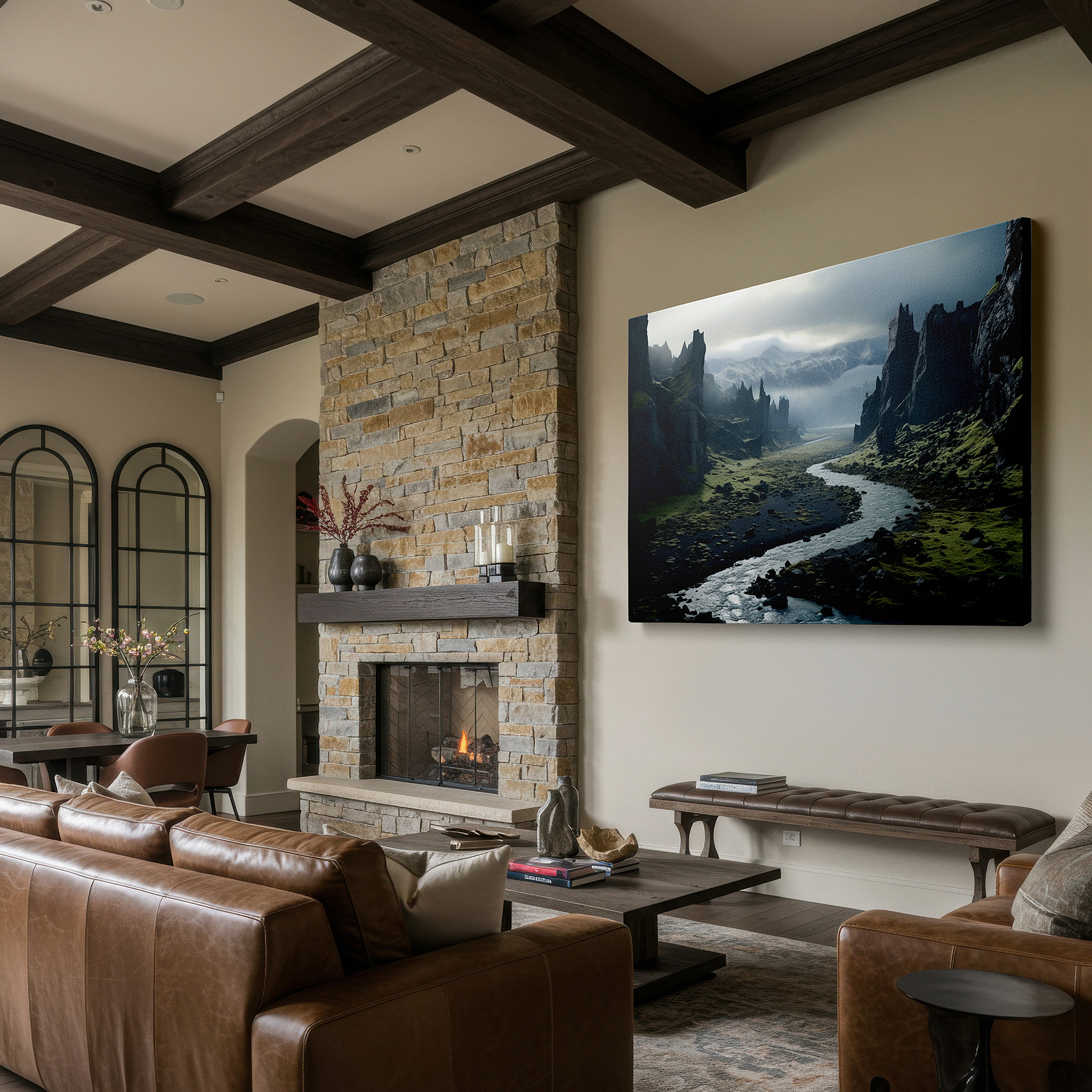 Bathed in morning sunlight streaming through sheer curtains — tranquil river and lush valley canvas, featuring dramatic rocks and verdant foliage, large wall art for office and bedroom decor