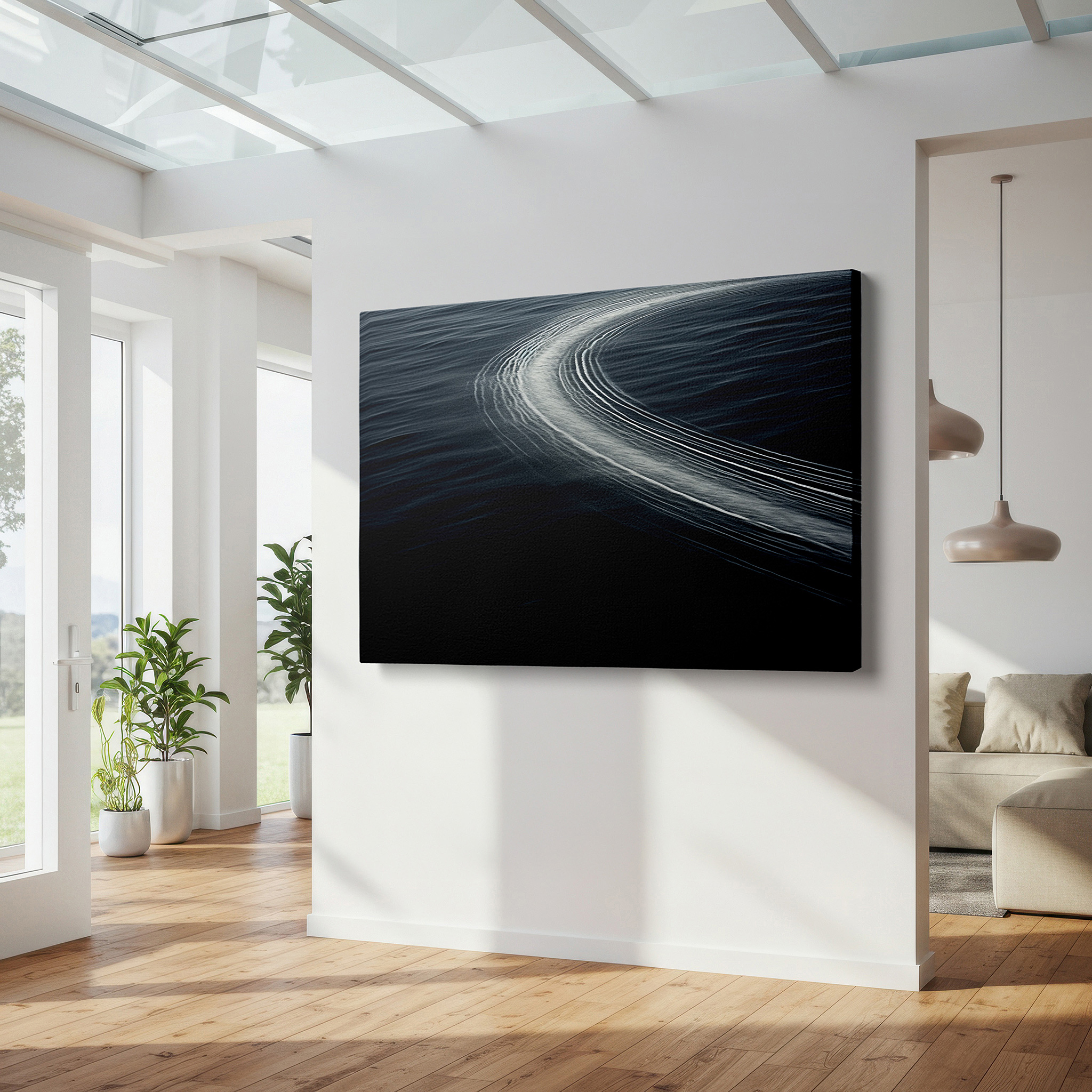 Bathed in morning sunlight streaming through sheer curtains — tranquil waters: a serene journey - graceful reflections large canvas wall art for office and bedroom decor