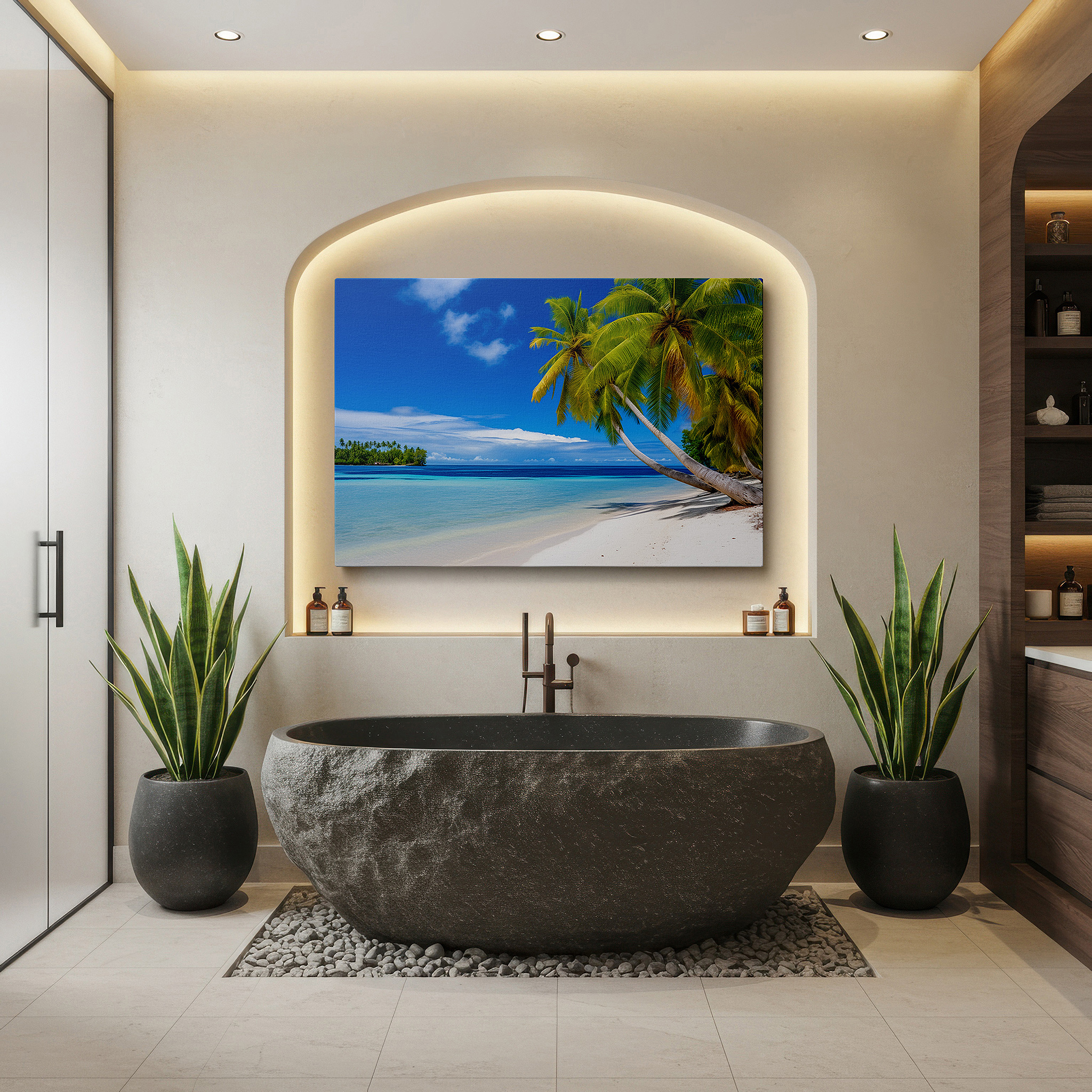 Bathed in morning sunlight streaming through sheer curtains — tropical paradise beach scene: a peaceful retreat for home and office - large canvas wall art for living spaces, offices, and bedrooms