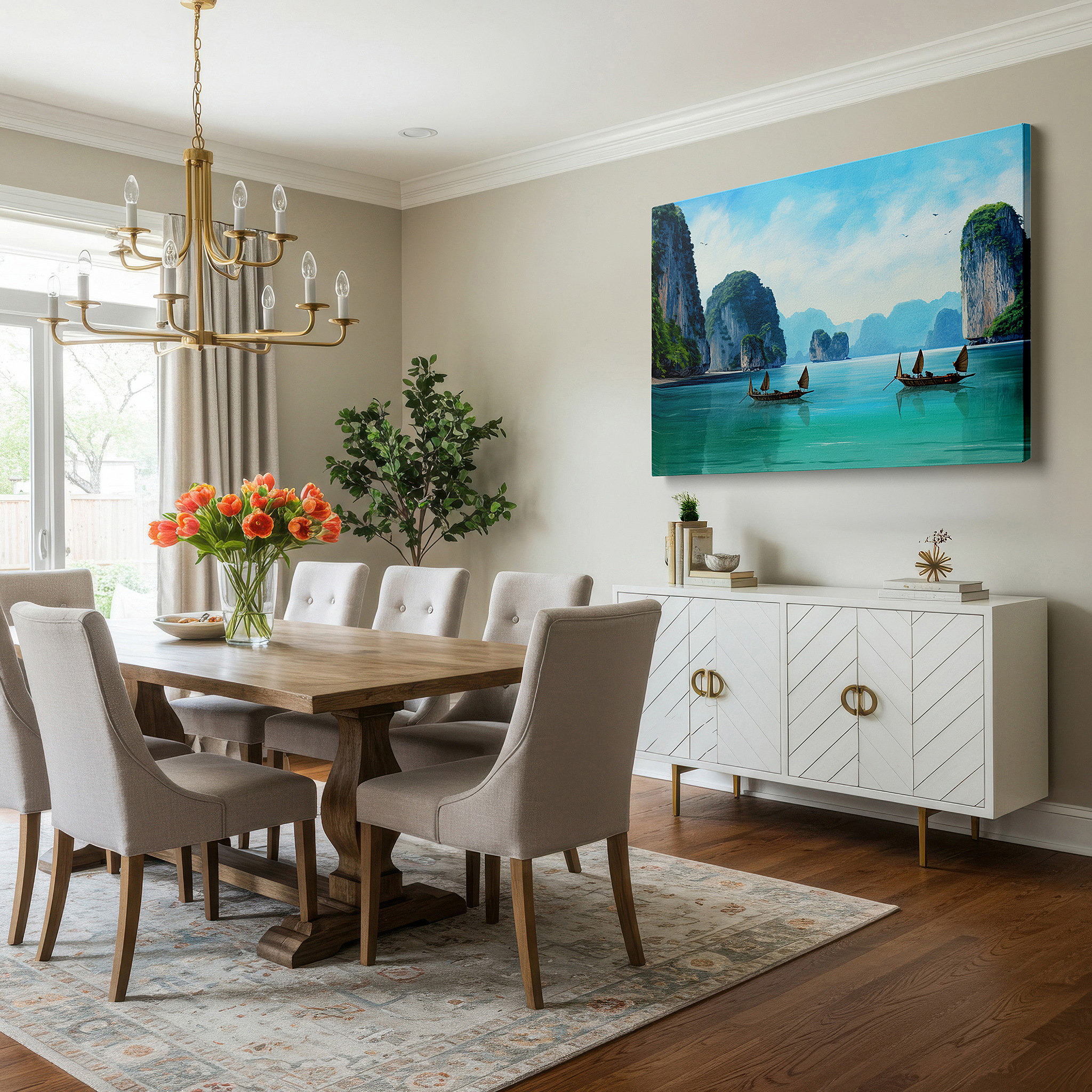 Bathed in morning sunlight streaming through sheer curtains — tropical serenity wall art featuring vibrant boats and pristine sands, large canvas for home and office decor