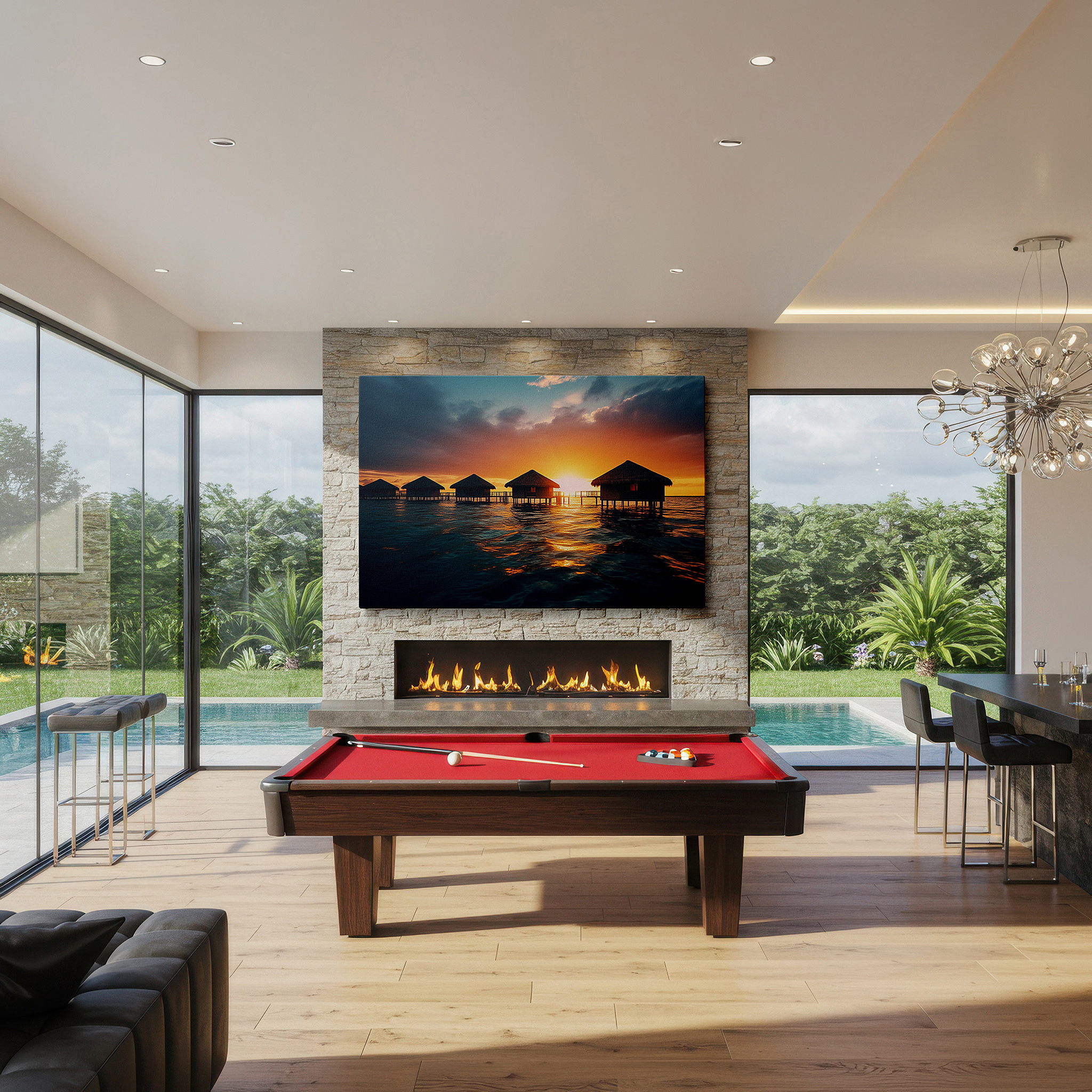 Bathed in morning sunlight streaming through sheer curtains — tropical sunset and serene waters canvas print with golden-lit bungalows - large wall art for office, bedroom, and living room decor