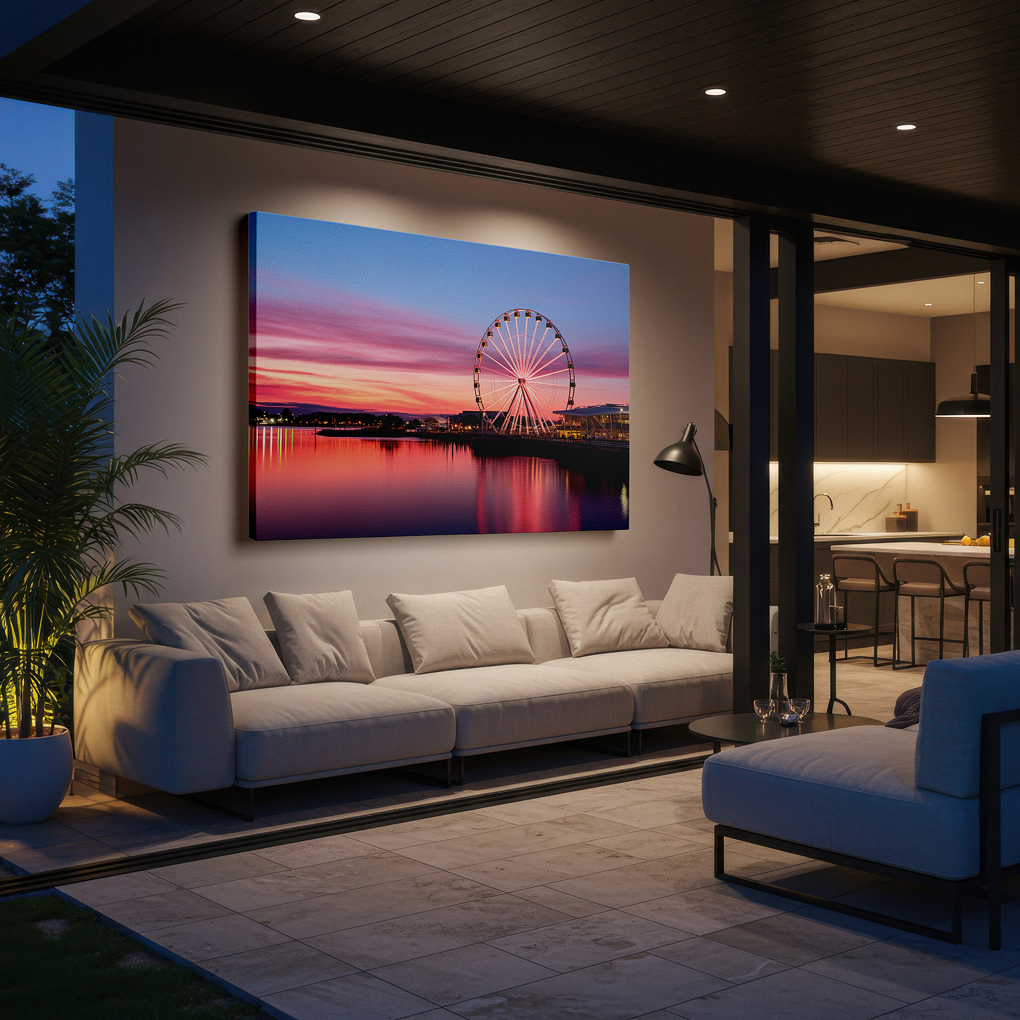 Bathed in morning sunlight streaming through sheer curtains — twilight glow over the ferris wheel: large waterfront reflection canvas art for office and bedroom decor