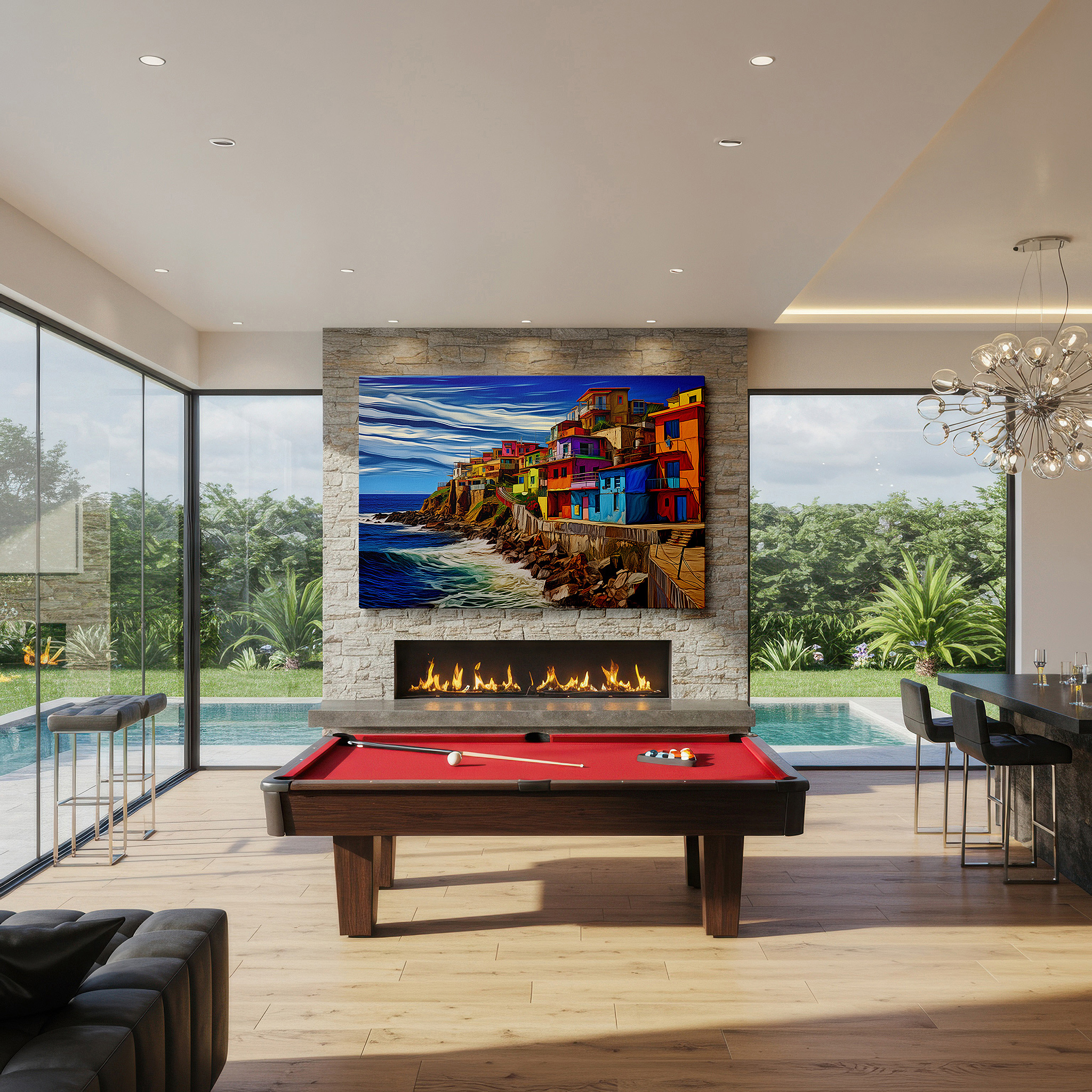 Bathed in morning sunlight streaming through sheer curtains — vibrant coastal homes under sunlit skies: a dynamic blend of land and sea - large wall art, canvas wall art, wall decor for office