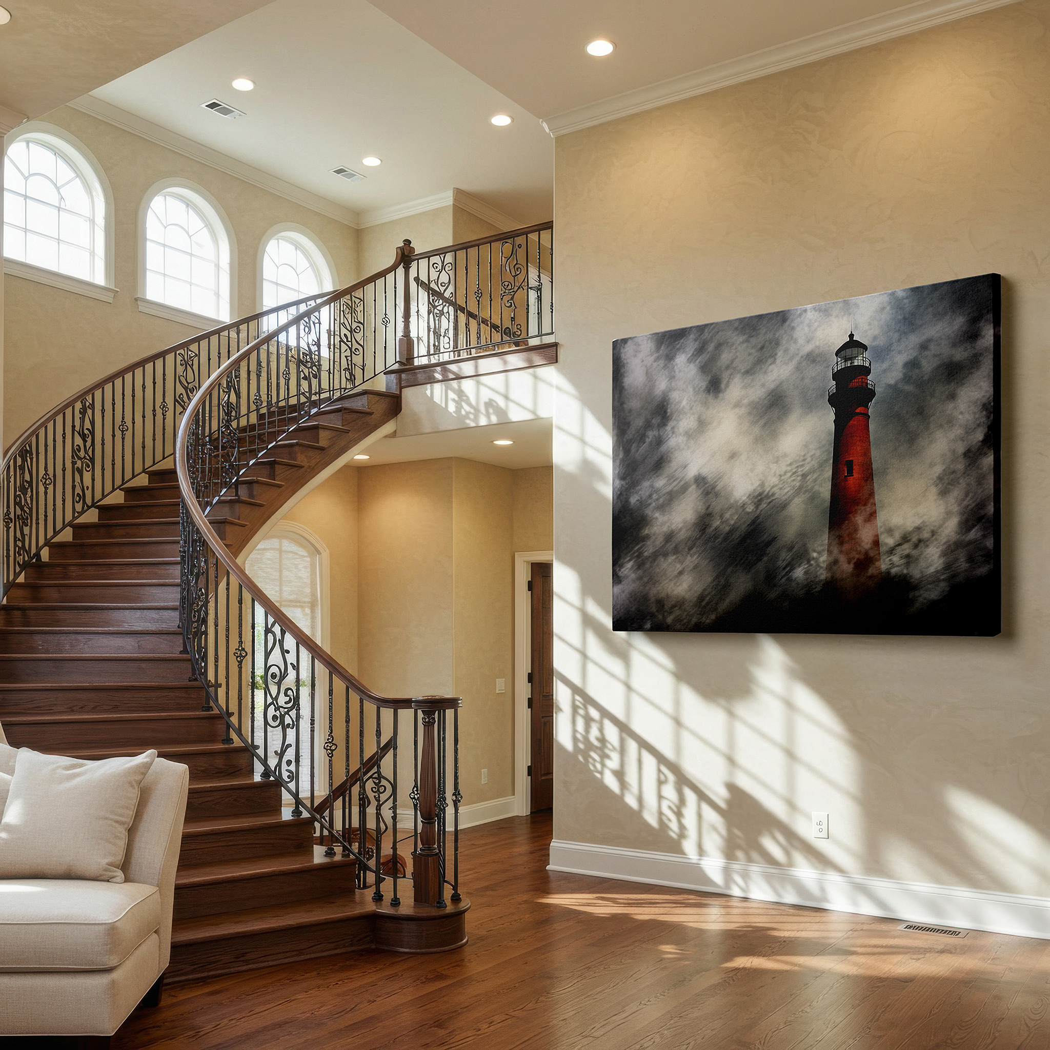 Bathed in morning sunlight streaming through sheer curtains — vibrant red lighthouse - a symbol of resilience under stormy skies large wall art, canvas wall art, wall decor, office wall art, bedroom wall art