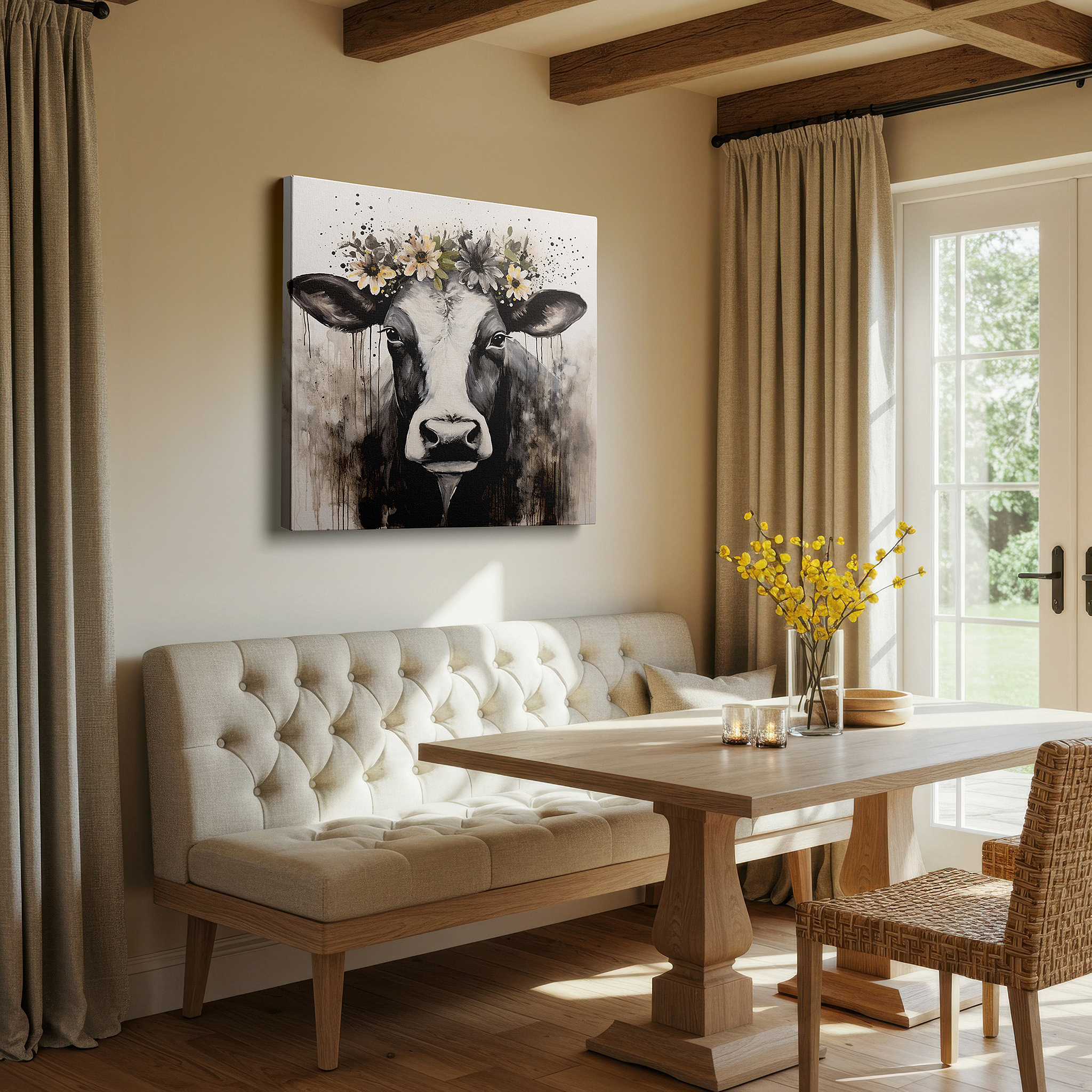 Bathed in morning sunlight streaming through sheer curtains — wall art: black and white cow with floral crown - a serene and playful masterpiece for large spaces, canvas wall art for office and bedroom decor