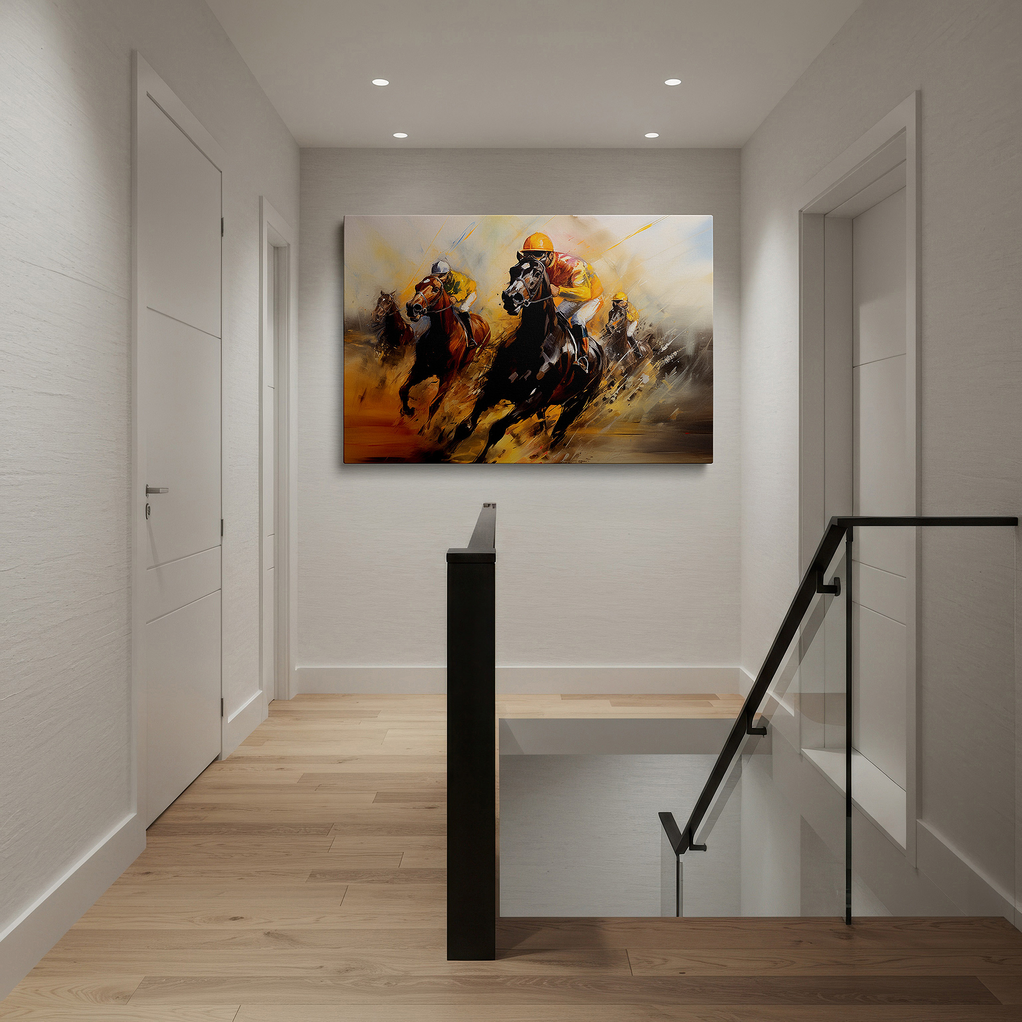 Bathed in morning sunlight streaming through sheer curtains — wall art: exciting horse racing scene depicting intense rivalry and lively energy - large canvas wall art for office and bedroom decor