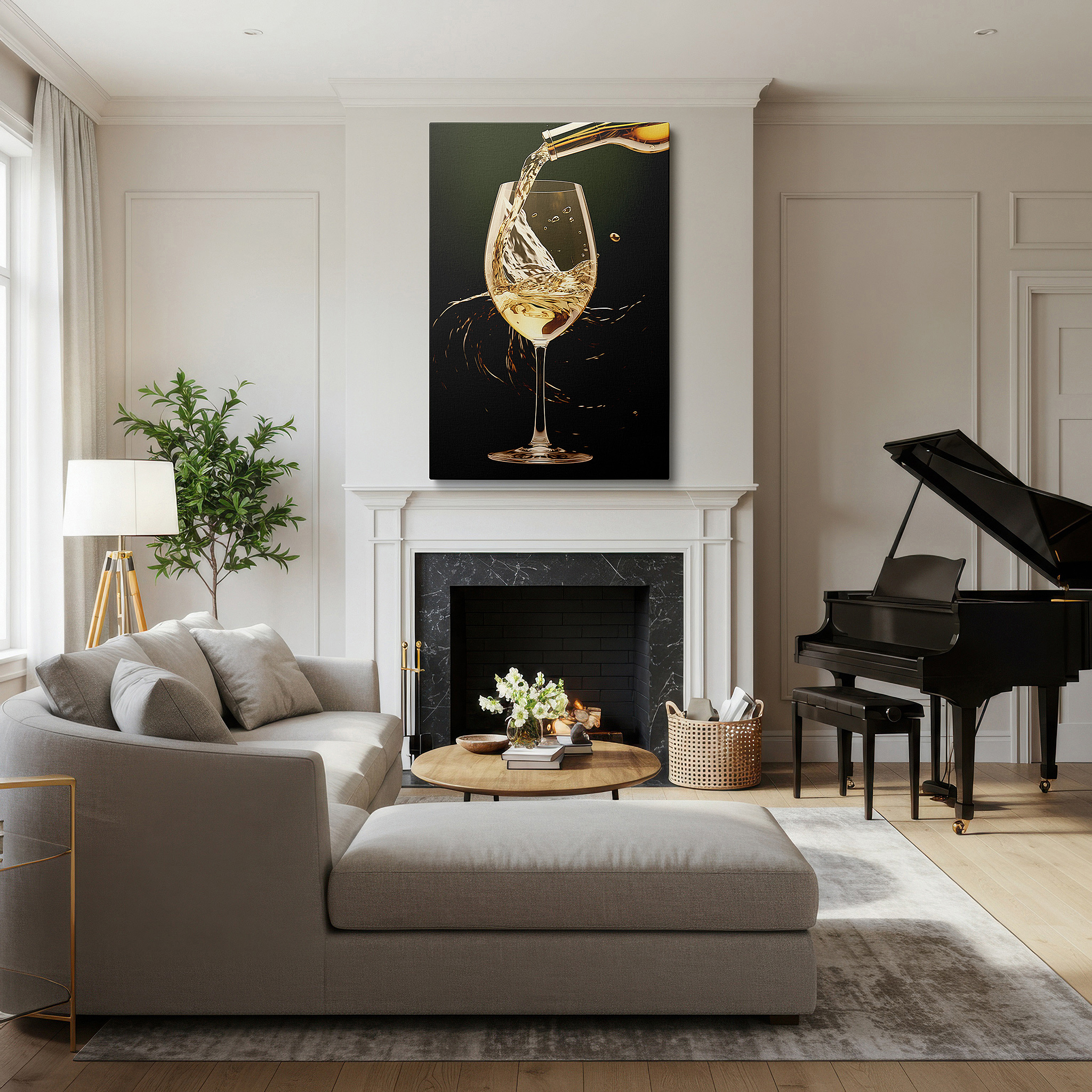 Bathed in morning sunlight streaming through sheer curtains — wall art: exquisite white wine pour, a mesmerizing interplay of light and motion - large canvas wall art for office and bedroom decor