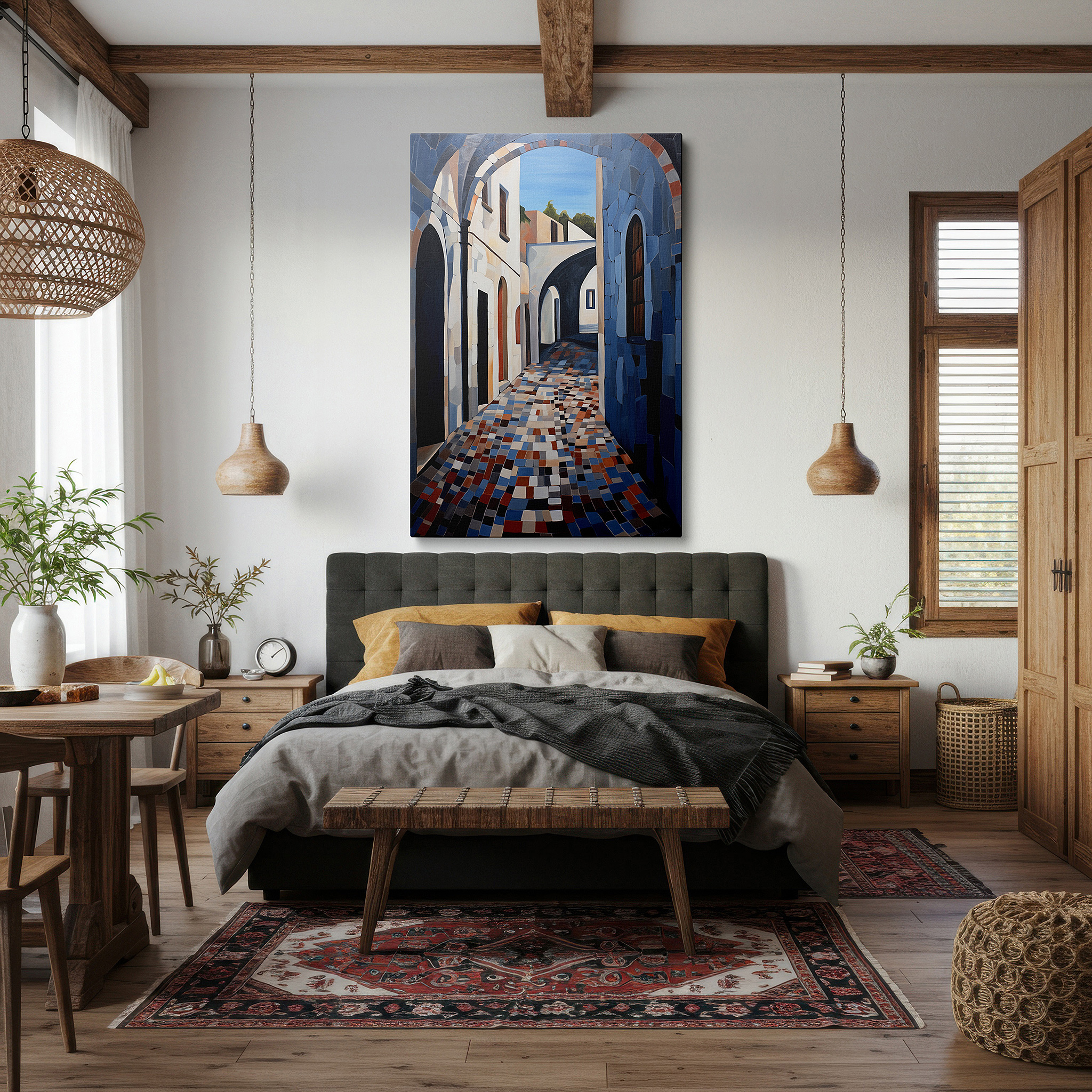 Bathed in morning sunlight streaming through sheer curtains — wall art: peaceful cobblestone alley in the city center, sunlit textures for a serene urban retreat - large canvas wall art for home and office decor
