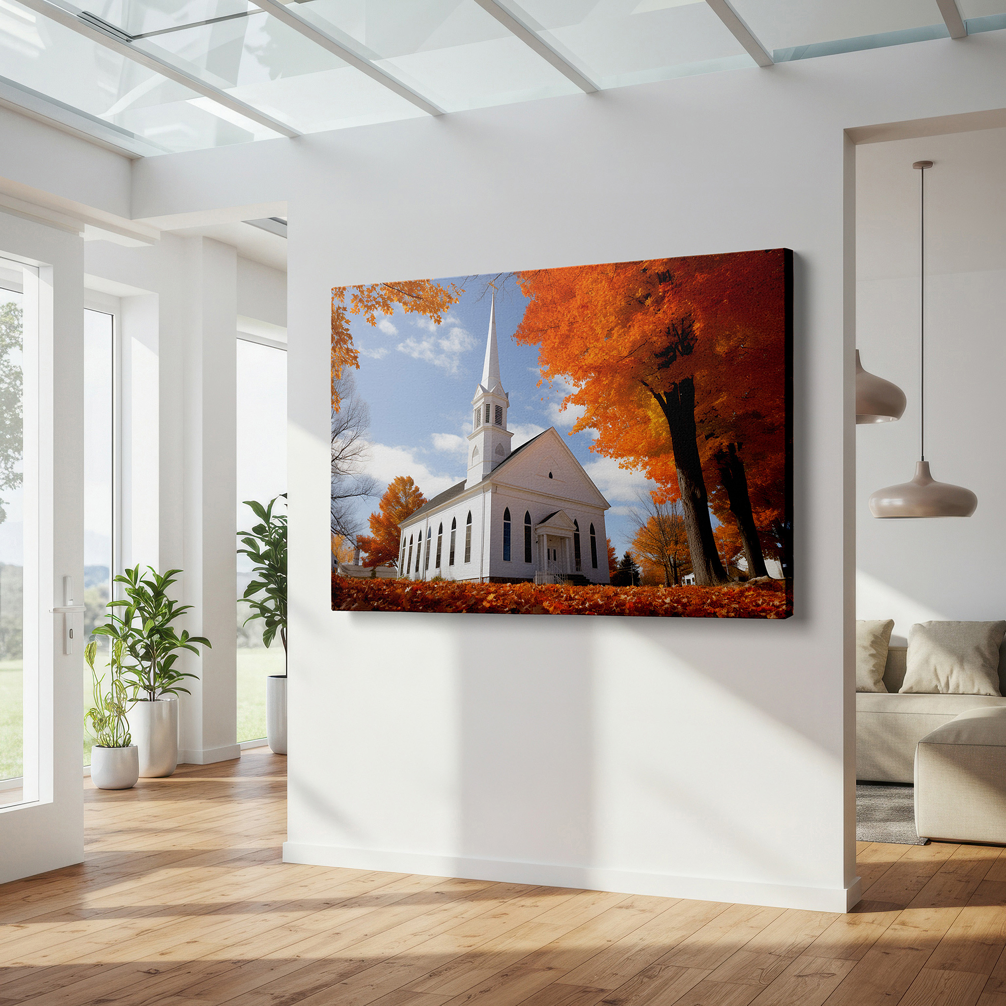 Bathed in morning sunlight streaming through sheer curtains — wall art: serene autumn day featuring a charming white church surrounded by vibrant foliage - large canvas wall art for office and bedroom decor