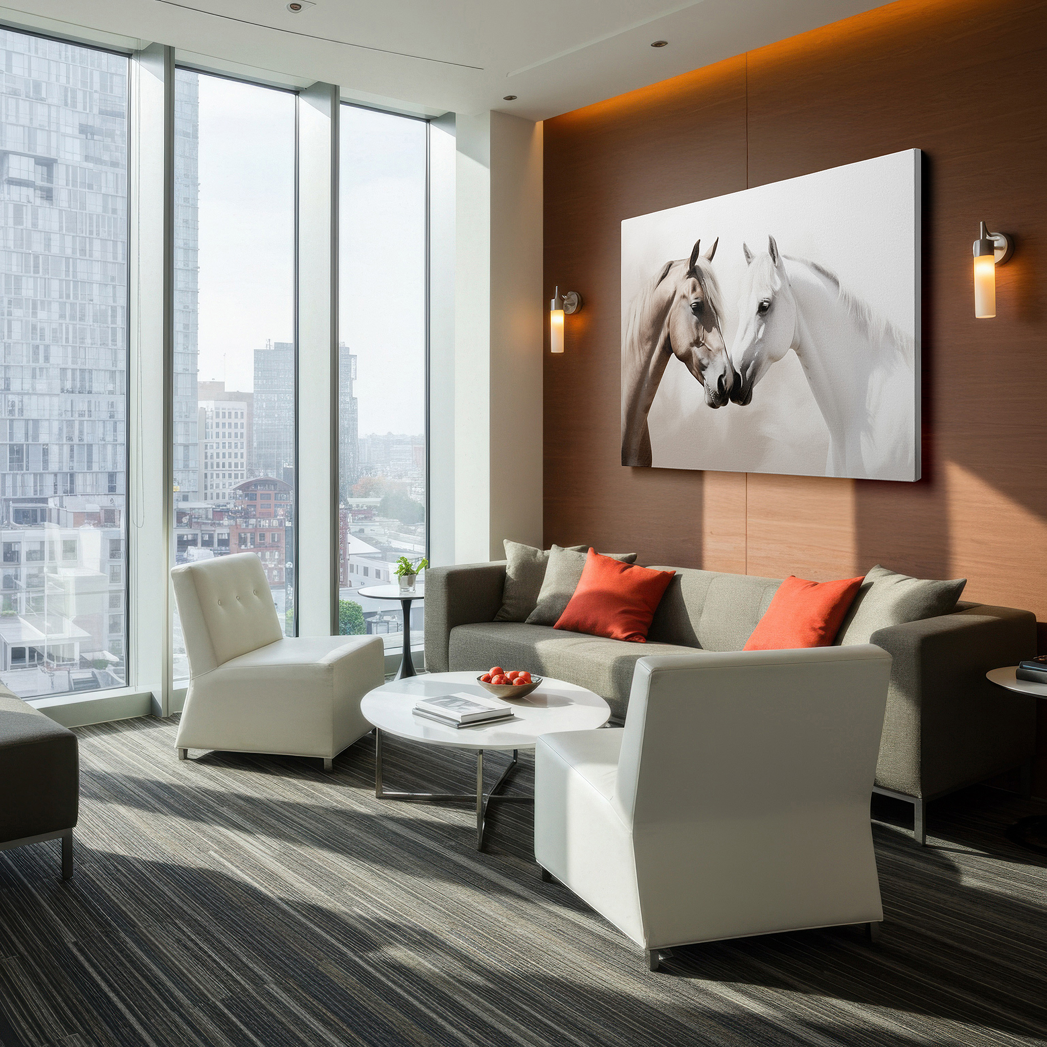 Bathed in morning sunlight streaming through sheer curtains — wall art: serene equine connection - tranquil imagery of two horses in a mystical landscape. large canvas wall art for home and office decor.