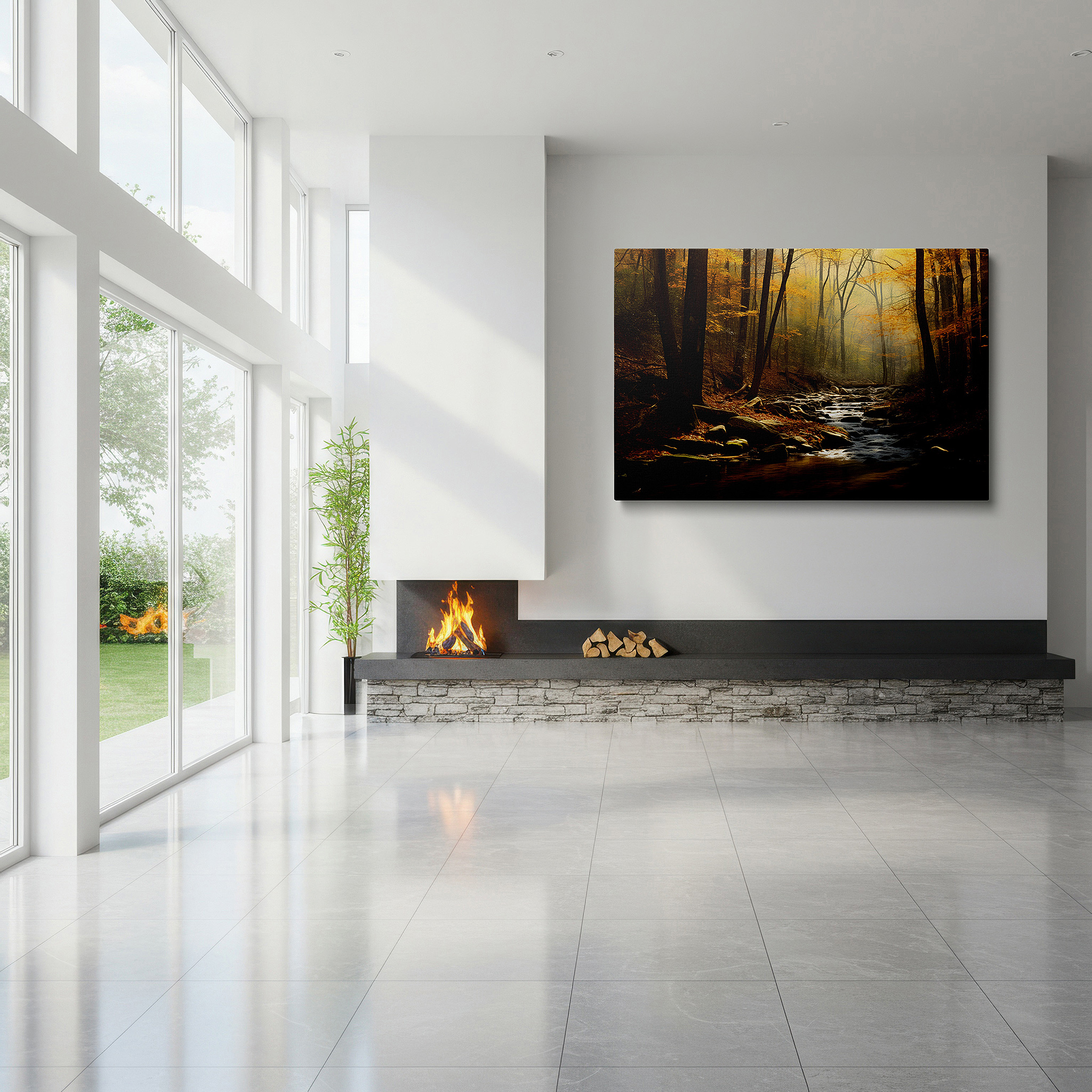 Bathed in morning sunlight streaming through sheer curtains — wall art: serene stream amidst autumn's vibrant canopy - a peaceful retreat for reflection, large canvas wall art for home and office decor, perfect for living room and bedroom