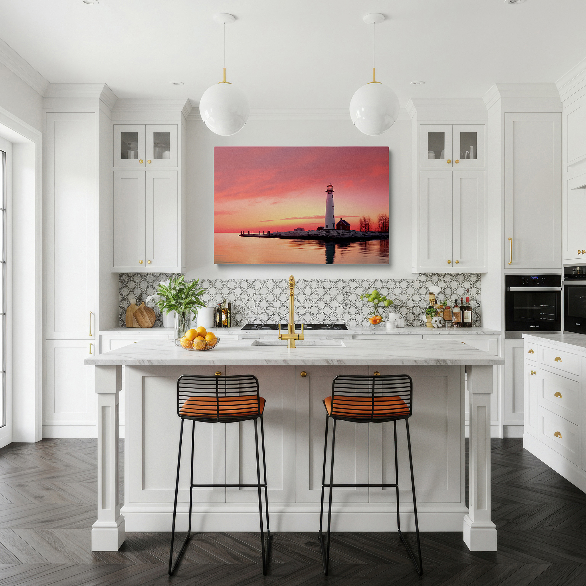 Bathed in morning sunlight streaming through sheer curtains — wall art: serene white lighthouse at sunset - a symbol of peace and hope, large canvas wall art for office and bedroom decor
