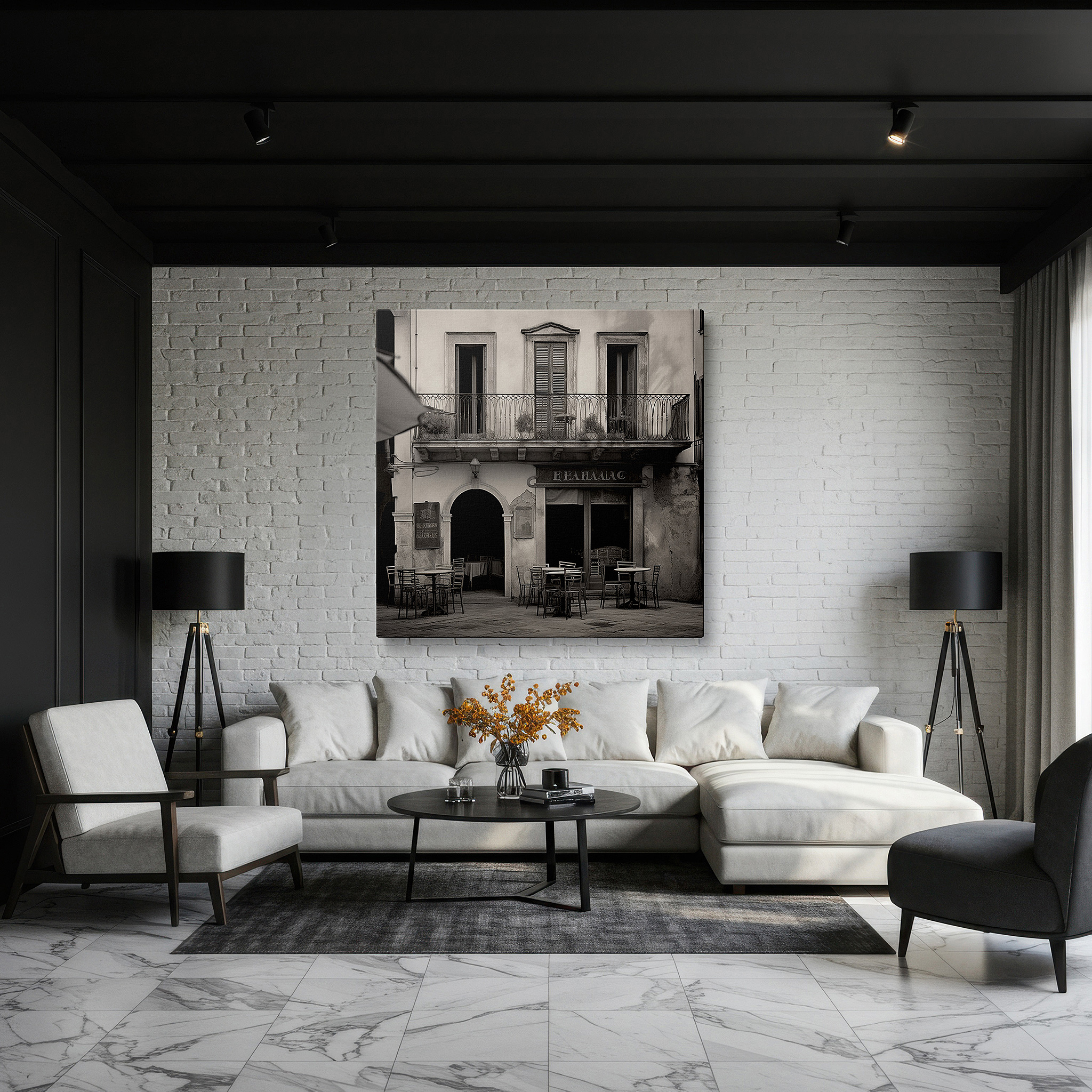 Bathed in morning sunlight streaming through sheer curtains — wall art: timeless elegance of a classic restaurant facade in black and white - large canvas wall art for office, bedroom, and home decor.