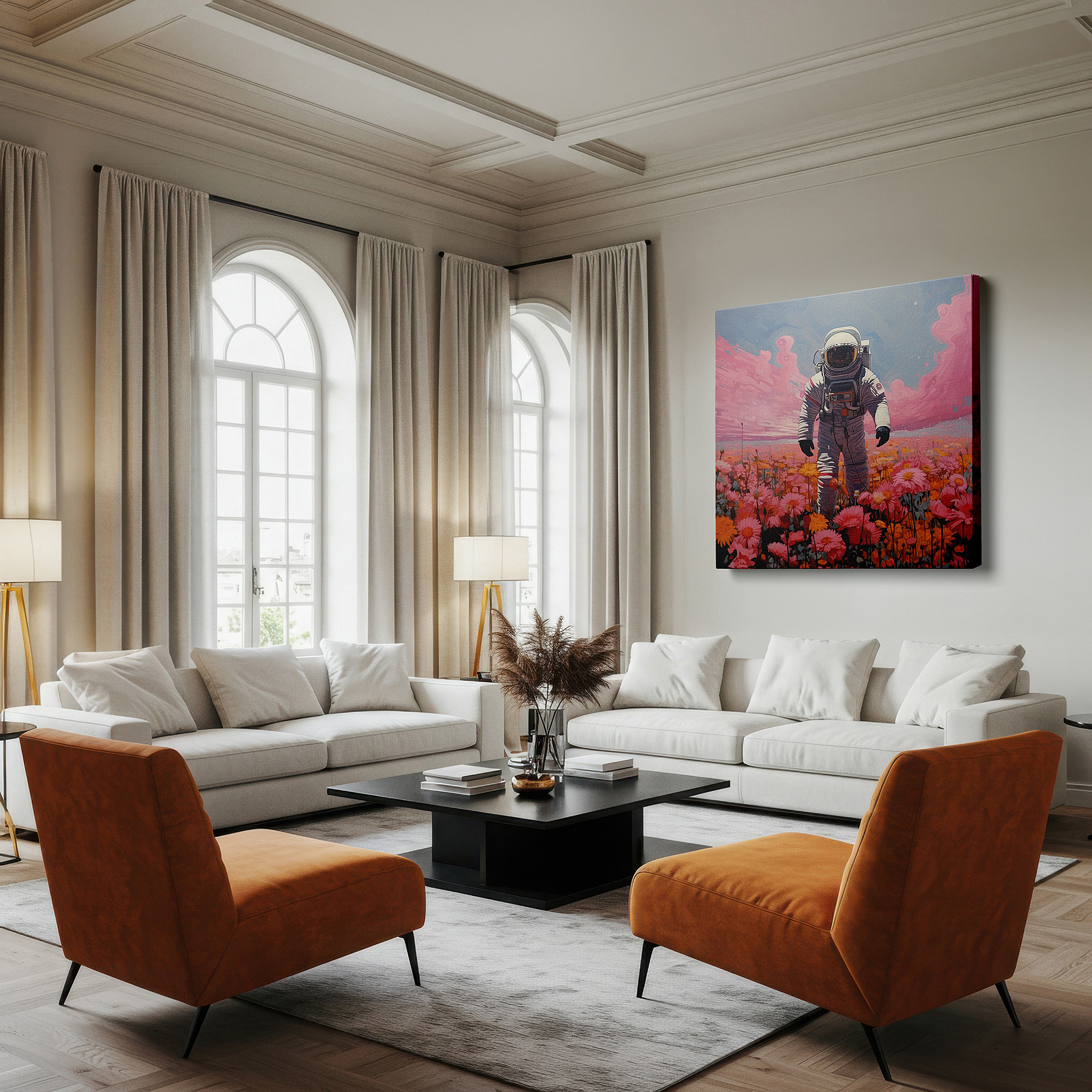 Bathed in morning sunlight streaming through sheer curtains — wall decor: astronaut with glowing flowers - a surreal fusion of space adventure and natural charm, large canvas art for home and office