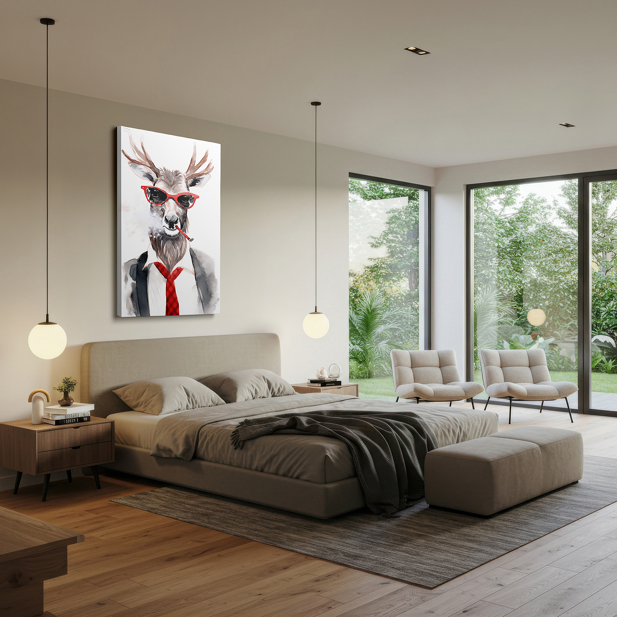 Bathed in morning sunlight streaming through sheer curtains — wall decor: elegant yet playful deer in suit and red sunglasses - large canvas art for office and home