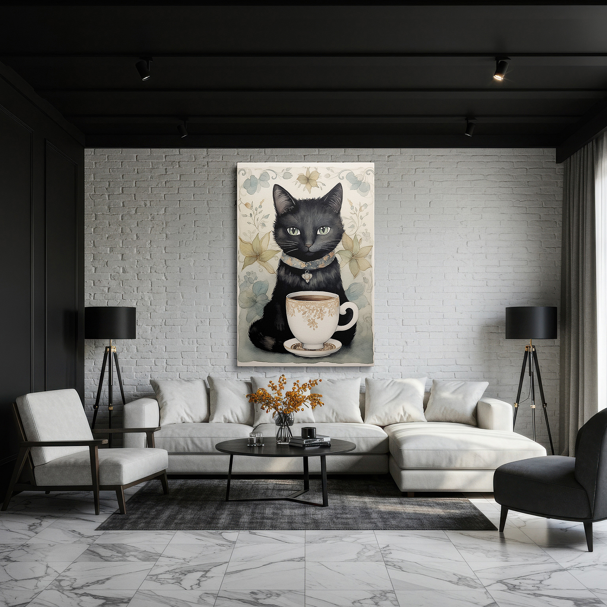 Bathed in morning sunlight streaming through sheer curtains — wall decor: sleek black cat and ornate jeweled cup - large canvas art for office and bedroom