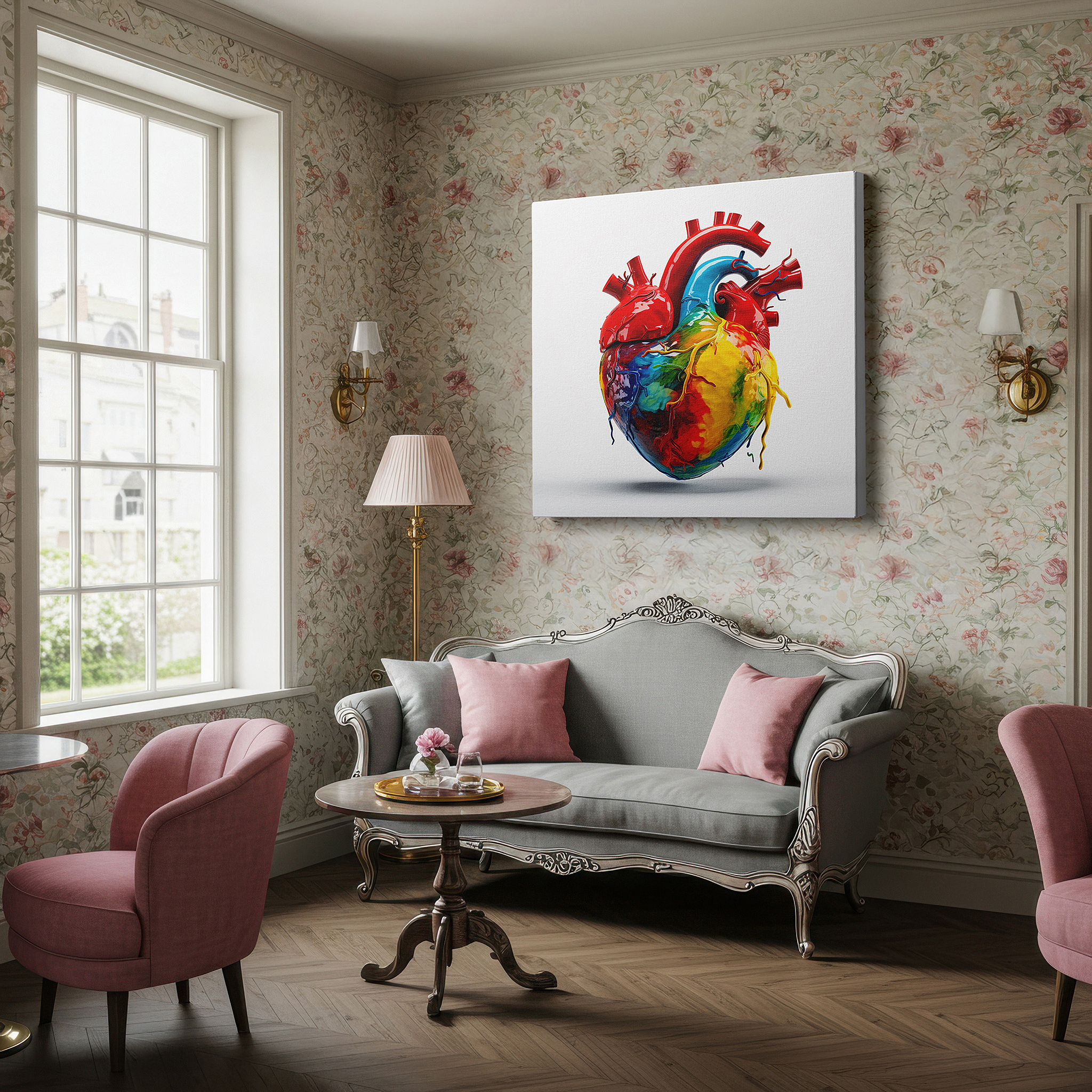 Bold and expansive at 90×60 cm — ideal for making a statement above large furniture — abstract heart wall art: embrace the emotional spectrum with vibrant reds and mystical purples - perfect for home or office decor, available as large canvas art