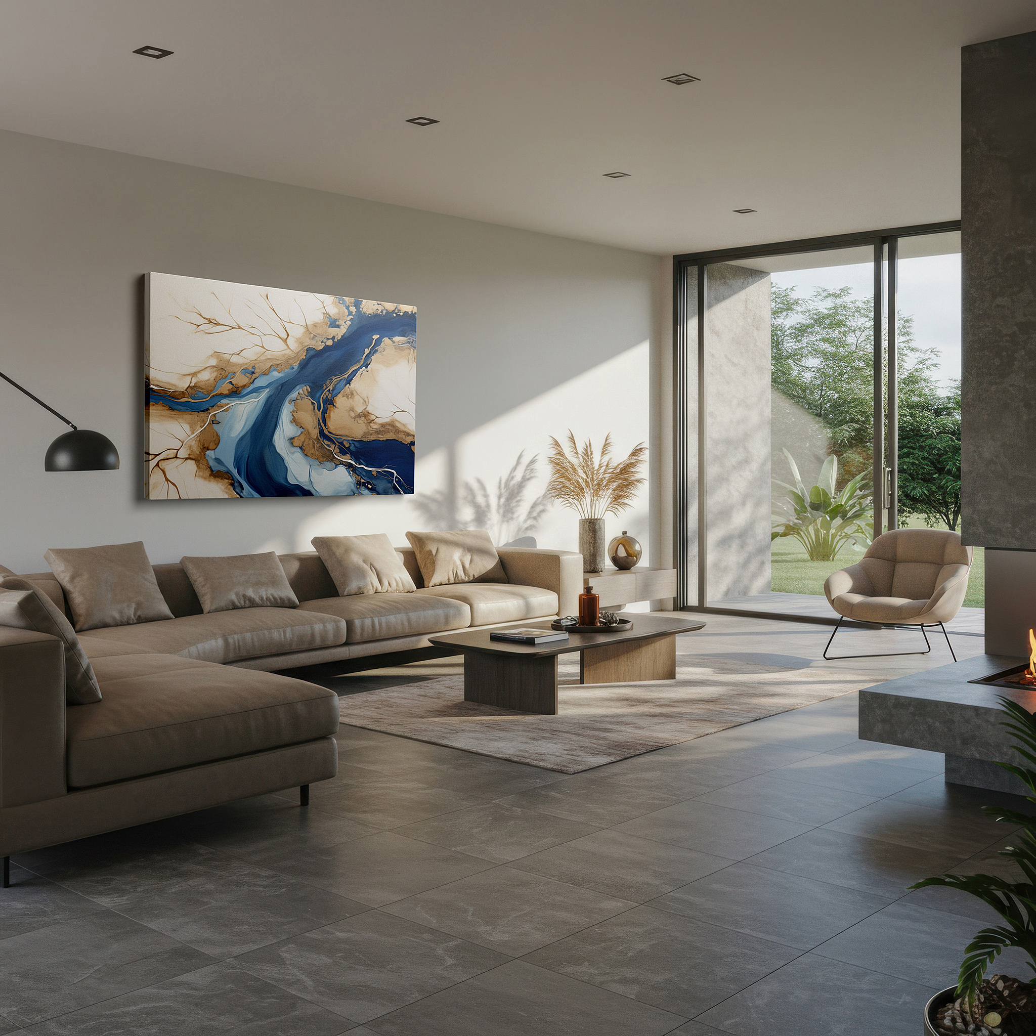 Bold and expansive at 90×60 cm — ideal for making a statement above large furniture — abstract waterways in blue and earth tones, tranquil large wall art, canvas decor for office