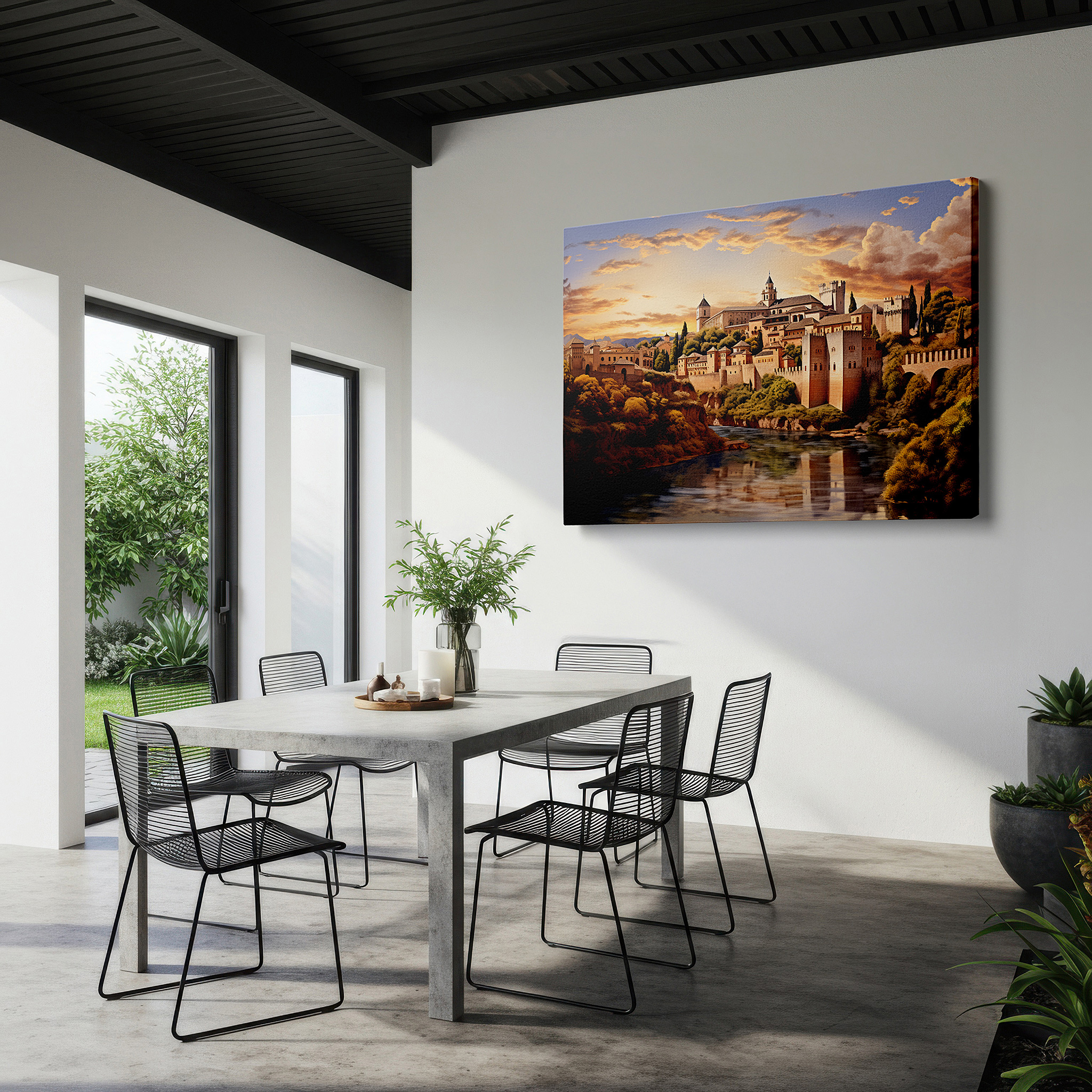 Bold and expansive at 90×60 cm — ideal for making a statement above large furniture — alhambra's autumn splendor: a canvas of fiery reds and earth tones set against historic grandeur - large wall art for office decor