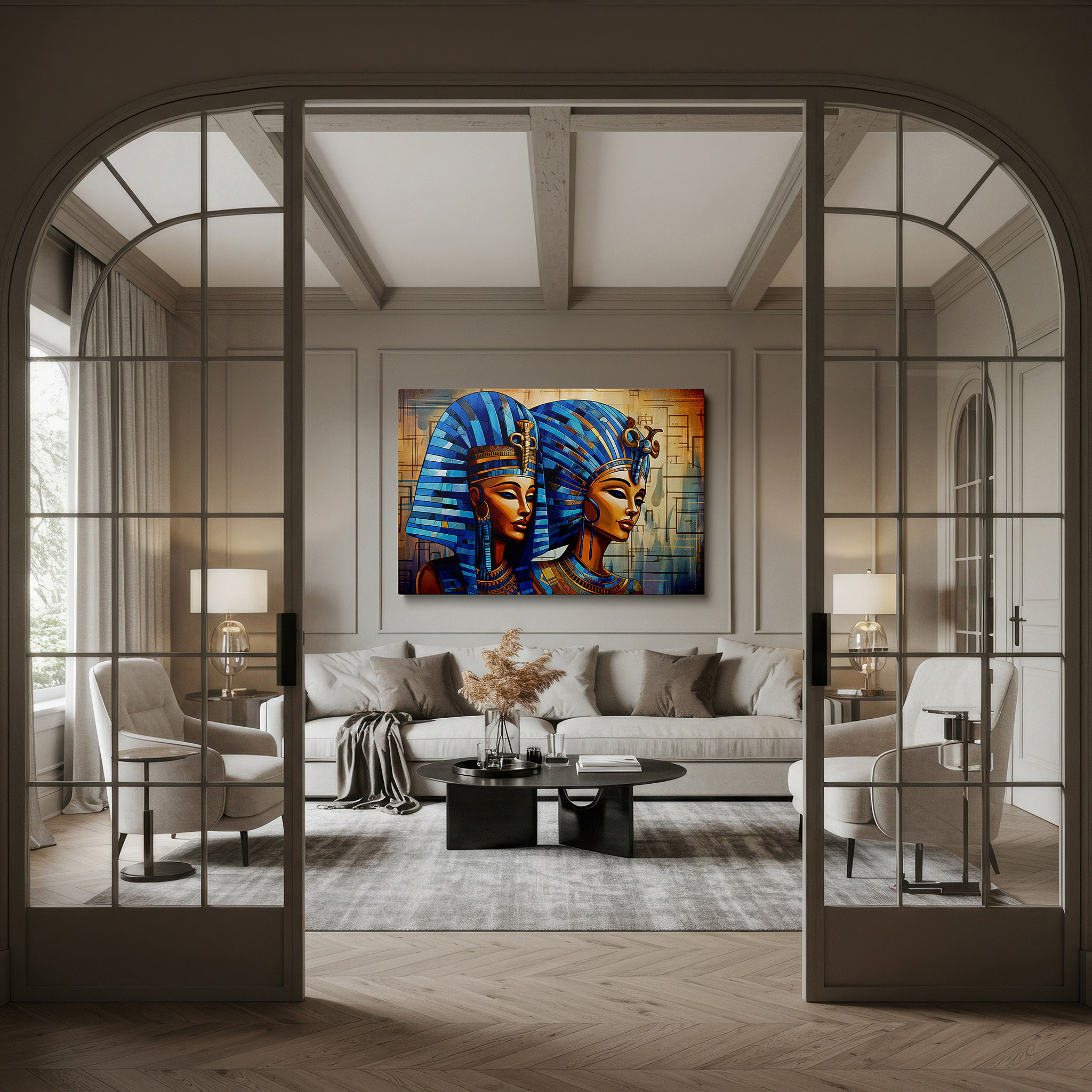 Bold and expansive at 90×60 cm — ideal for making a statement above large furniture — ancient egyptian queens in blue headdresses and gold jewelry large wall art, canvas wall art, wall decor for office