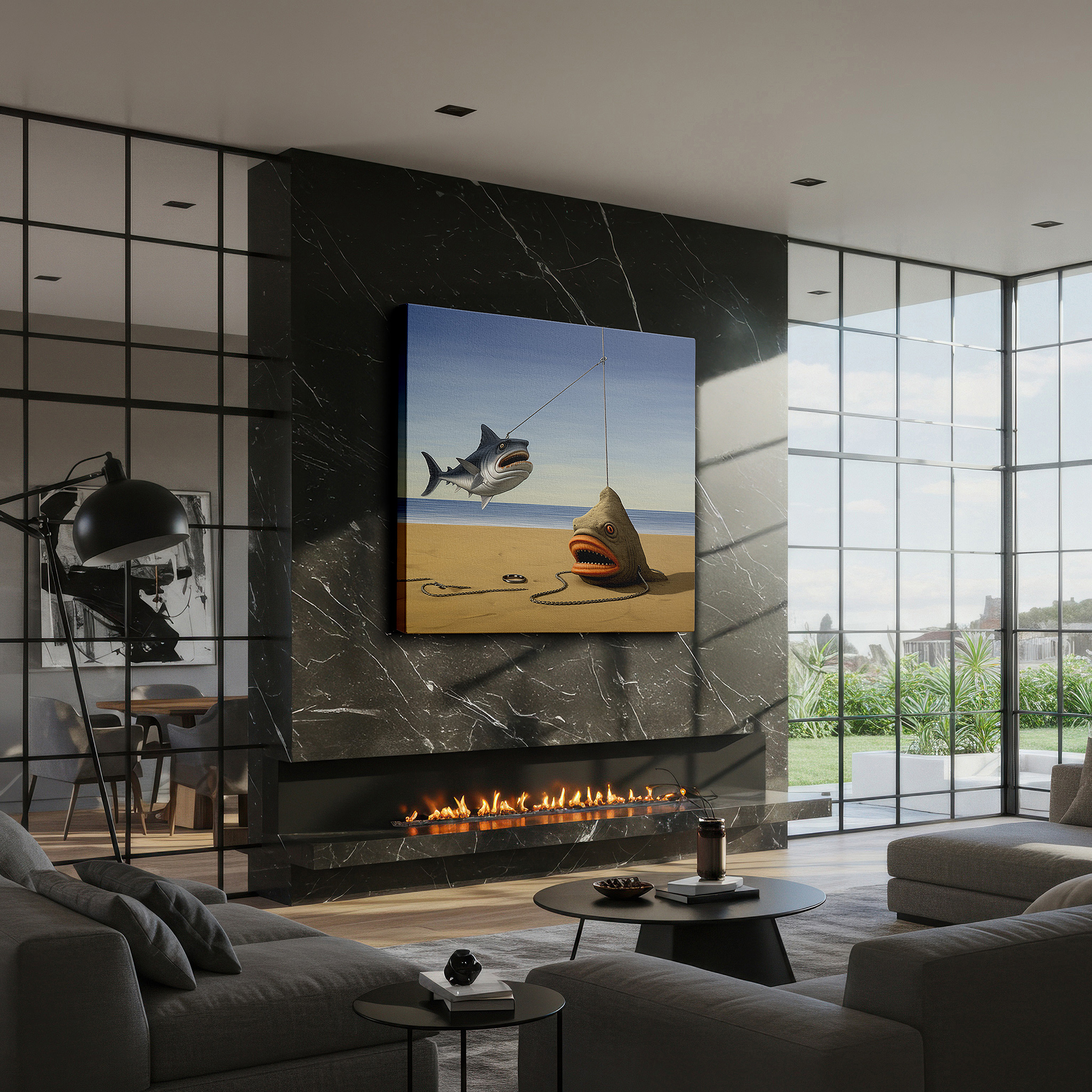 Bold and expansive at 90×60 cm — ideal for making a statement above large furniture — anthropomorphic fish at sunset whimsical beach gathering large canvas wall art for office and bedroom decor