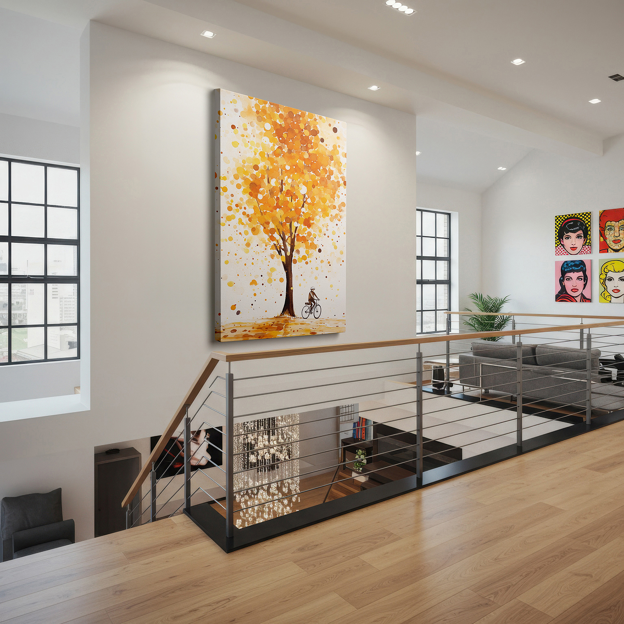 Bold and expansive at 90×60 cm — ideal for making a statement above large furniture — autumn whimsy: solitary cyclist under a grand tree - large canvas wall art for office and bedroom decor