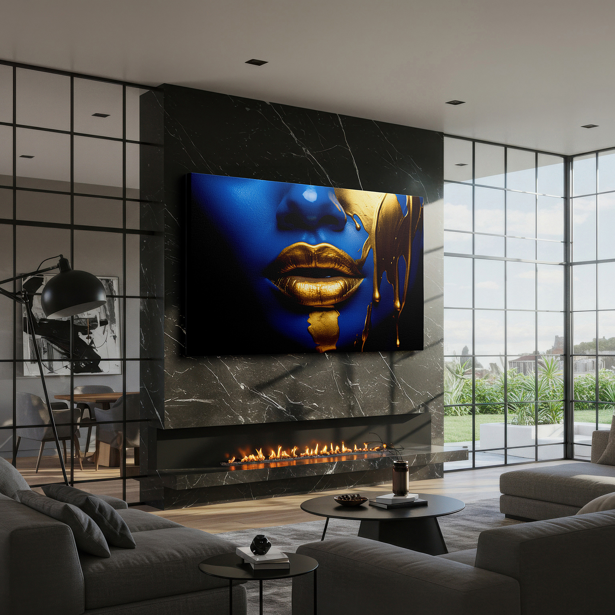 Bold and expansive at 90×60 cm — ideal for making a statement above large furniture — blue depths and golden flows: exploring identity and introspection - large wall art, canvas wall art, wall decor for office and bedroom