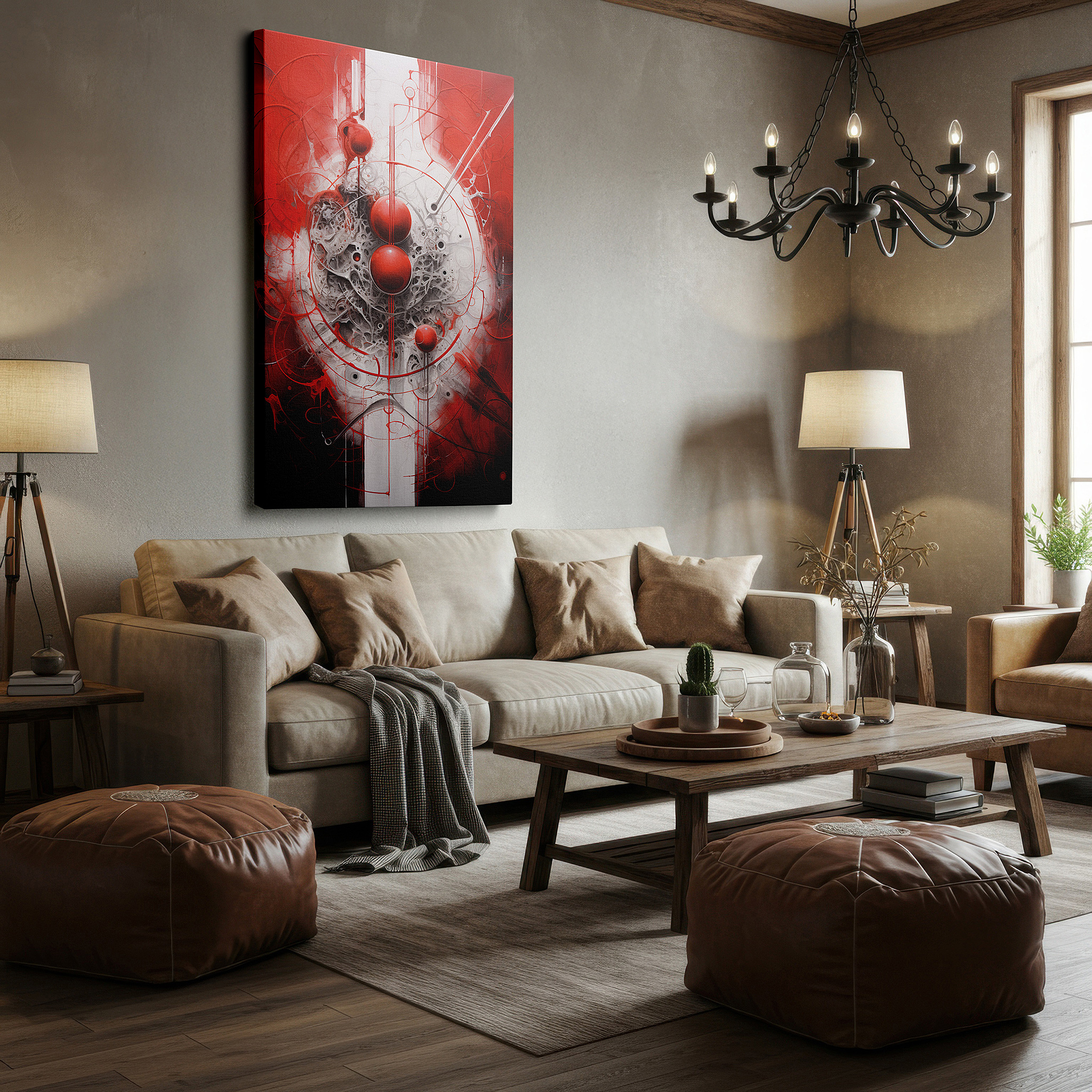 Bold and expansive at 90×60 cm — ideal for making a statement above large furniture — bright reds and crisp whites swirl on the canvas, forming a concert of circular forms and abstract strokes, ideal for large wall art, canvas wall art, and wall decor.
