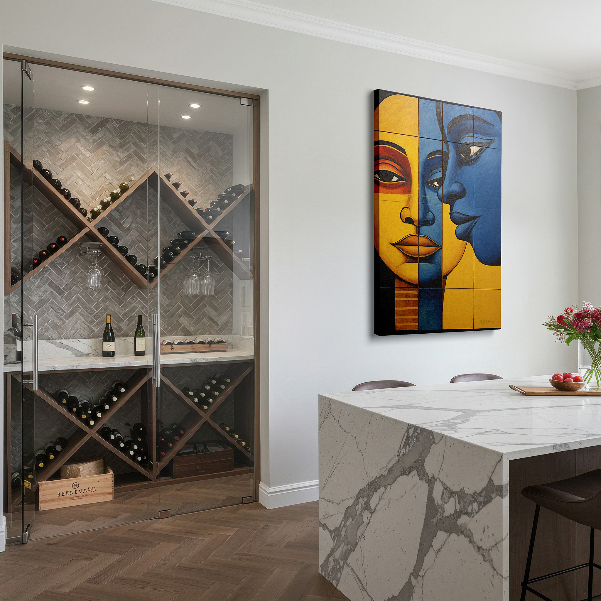 Bold and expansive at 90×60 cm — ideal for making a statement above large furniture — celebrating cultural unity with vibrant split-face design: large wall art for offices, bedrooms, and living spaces