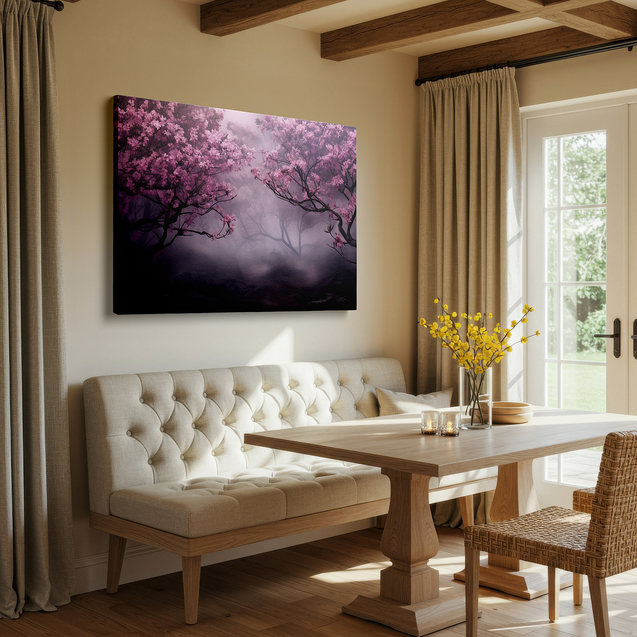 Bold and expansive at 90×60 cm — ideal for making a statement above large furniture — cherry blossoms in mist: dreamlike large wall art, canvas decor for office