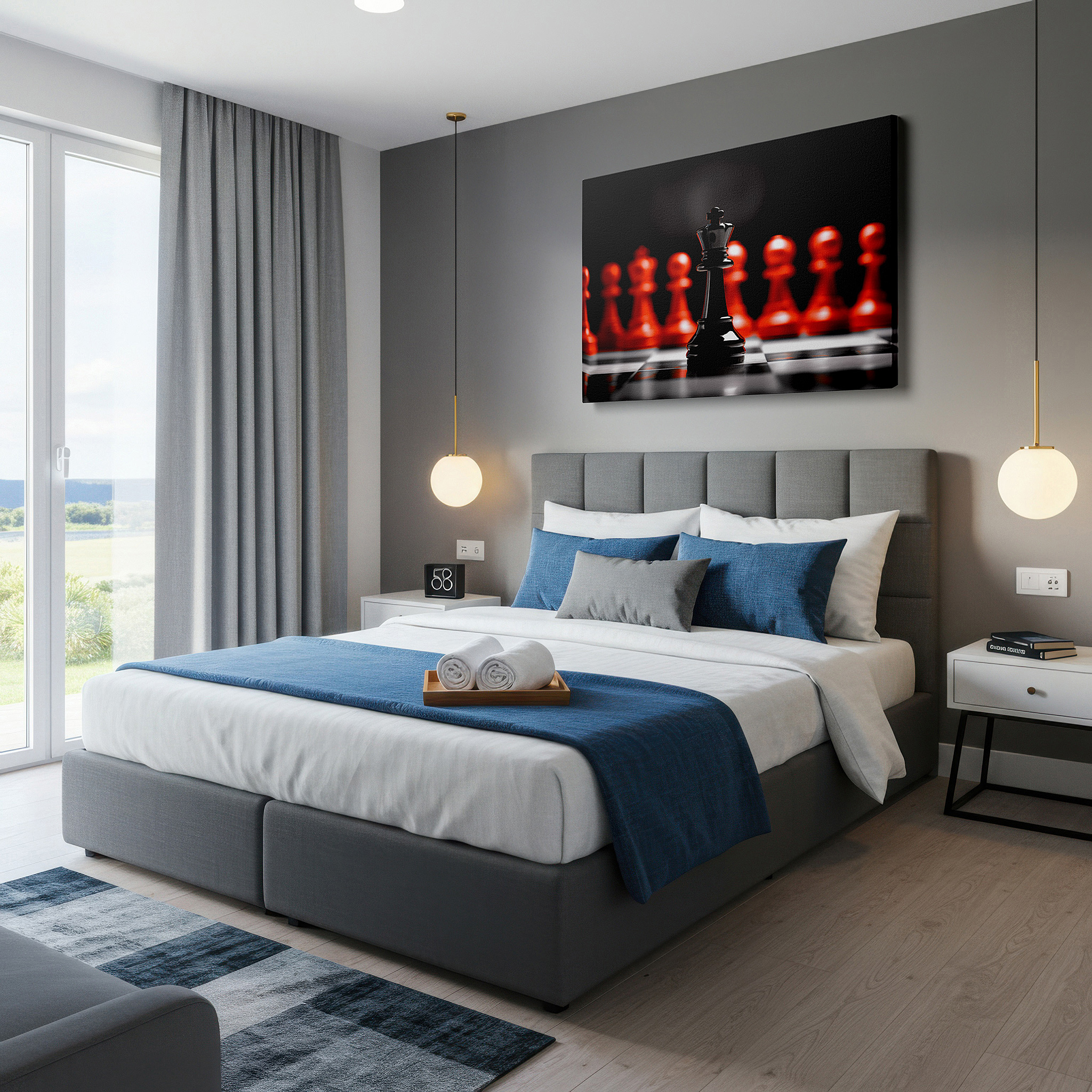 Bold and expansive at 90×60 cm — ideal for making a statement above large furniture — chess strategy and intellectual mastery wall art featuring a majestic black king and advancing red pawns, large canvas wall art