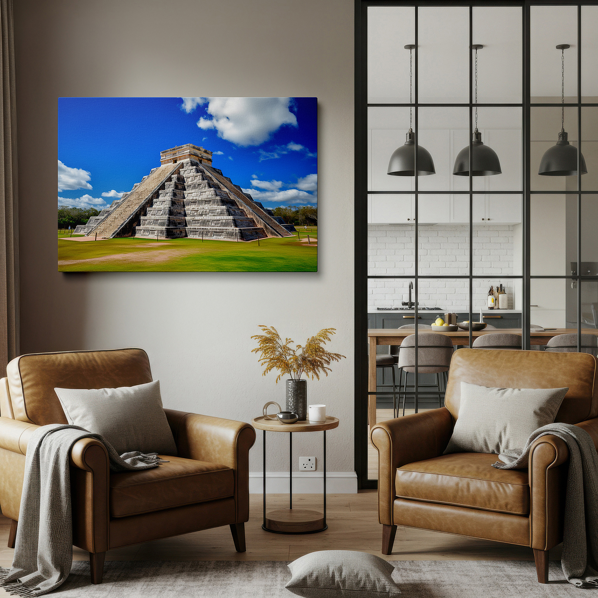 Bold and expansive at 90×60 cm — ideal for making a statement above large furniture — chichen itza majesty - a celebration of mayan ingenuity and the cycles of time - large wall art, canvas wall art, wall decor for office and bedroom