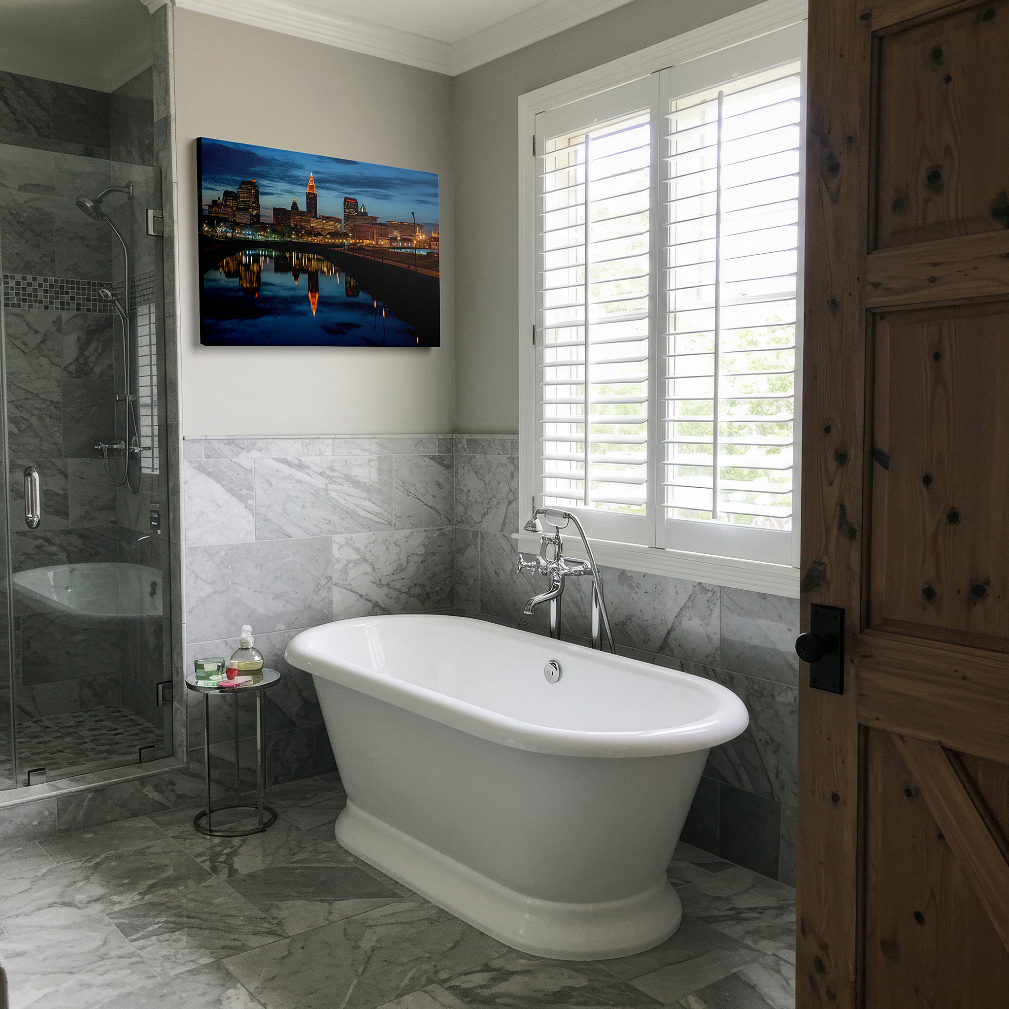 Bold and expansive at 90×60 cm — ideal for making a statement above large furniture — cleveland skyline at twilight: large wall art featuring city lights and tranquil waters - canvas wall art for office and home decor