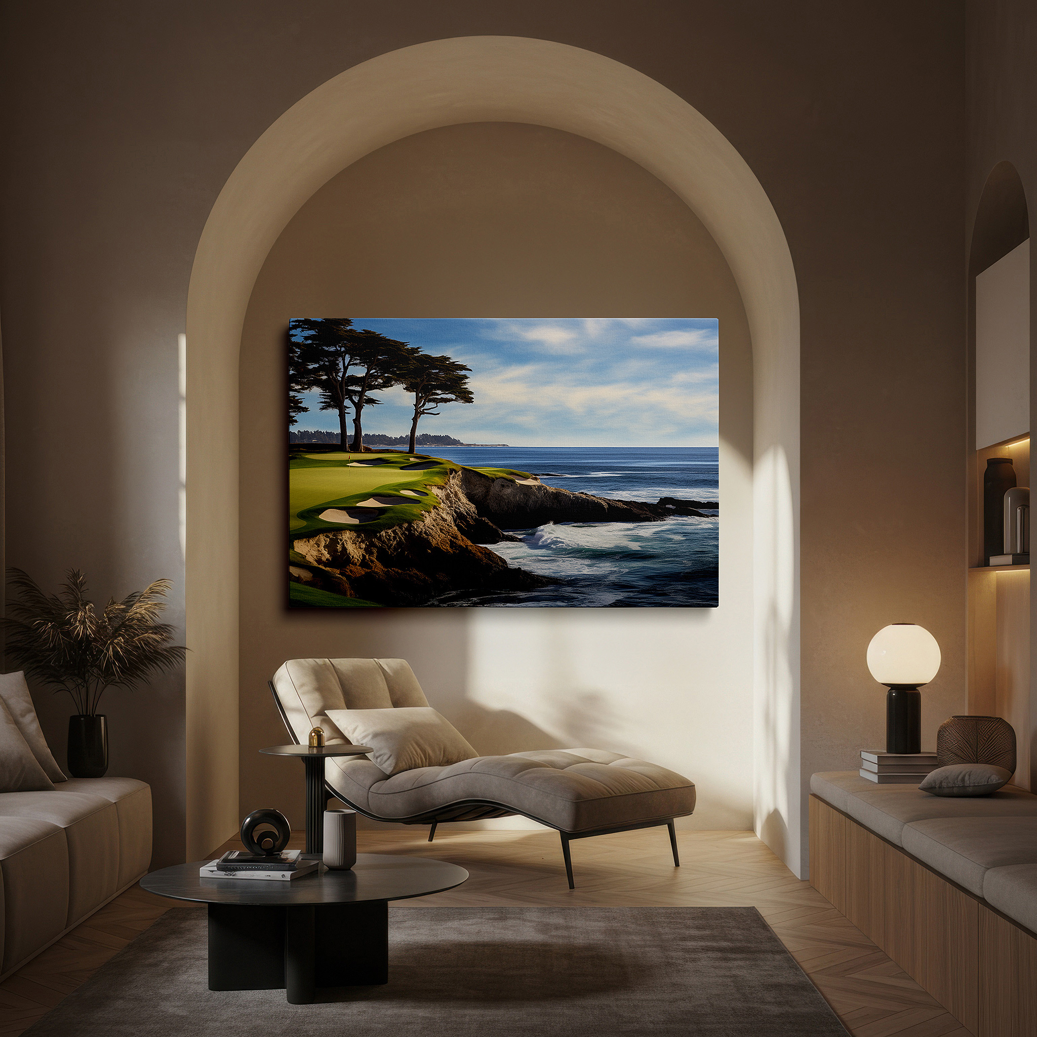 Bold and expansive at 90×60 cm — ideal for making a statement above large furniture — coastal golf course wall art: elegant cliffs and sparkling seas - large canvas for home and office decor, perfect for living room and bedroom
