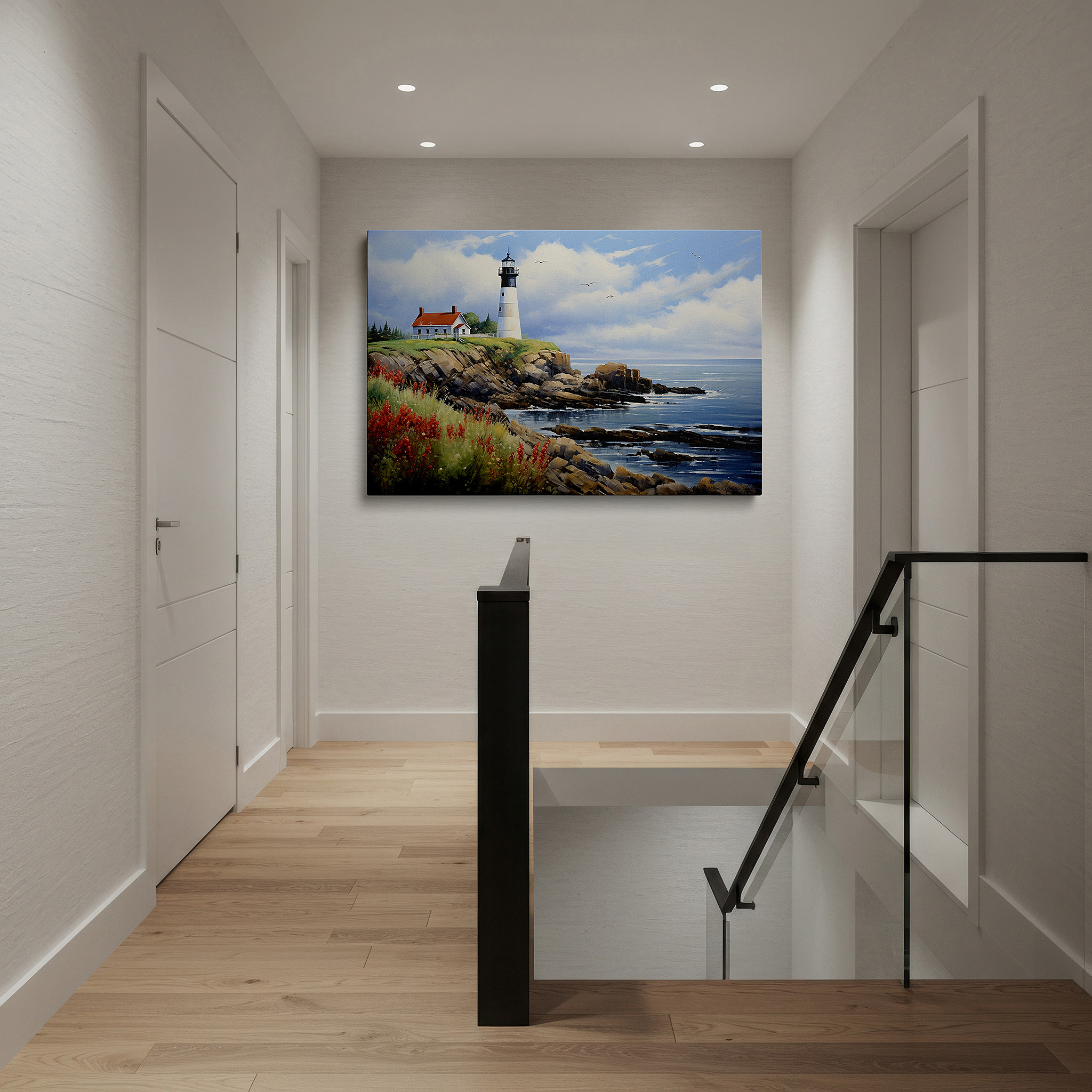 Bold and expansive at 90×60 cm — ideal for making a statement above large furniture — coastal lighthouse on a rugged cliff - tranquil beacon amidst nature's wild beauty: large wall art, canvas, wall decor for office
