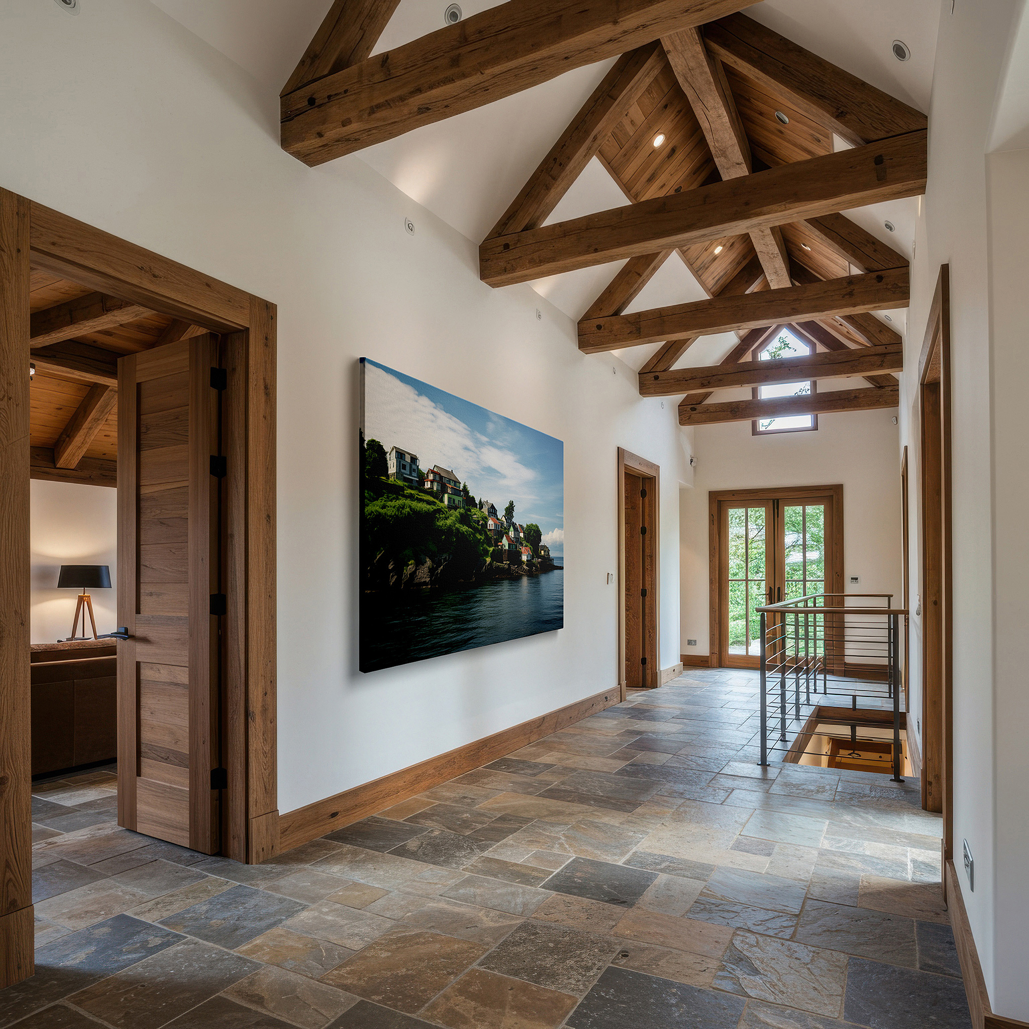 Bold and expansive at 90×60 cm — ideal for making a statement above large furniture — coastal serenity and architectural elegance in a scenic cliffside village: large wall art, canvas wall art, wall decor for offices and bedrooms