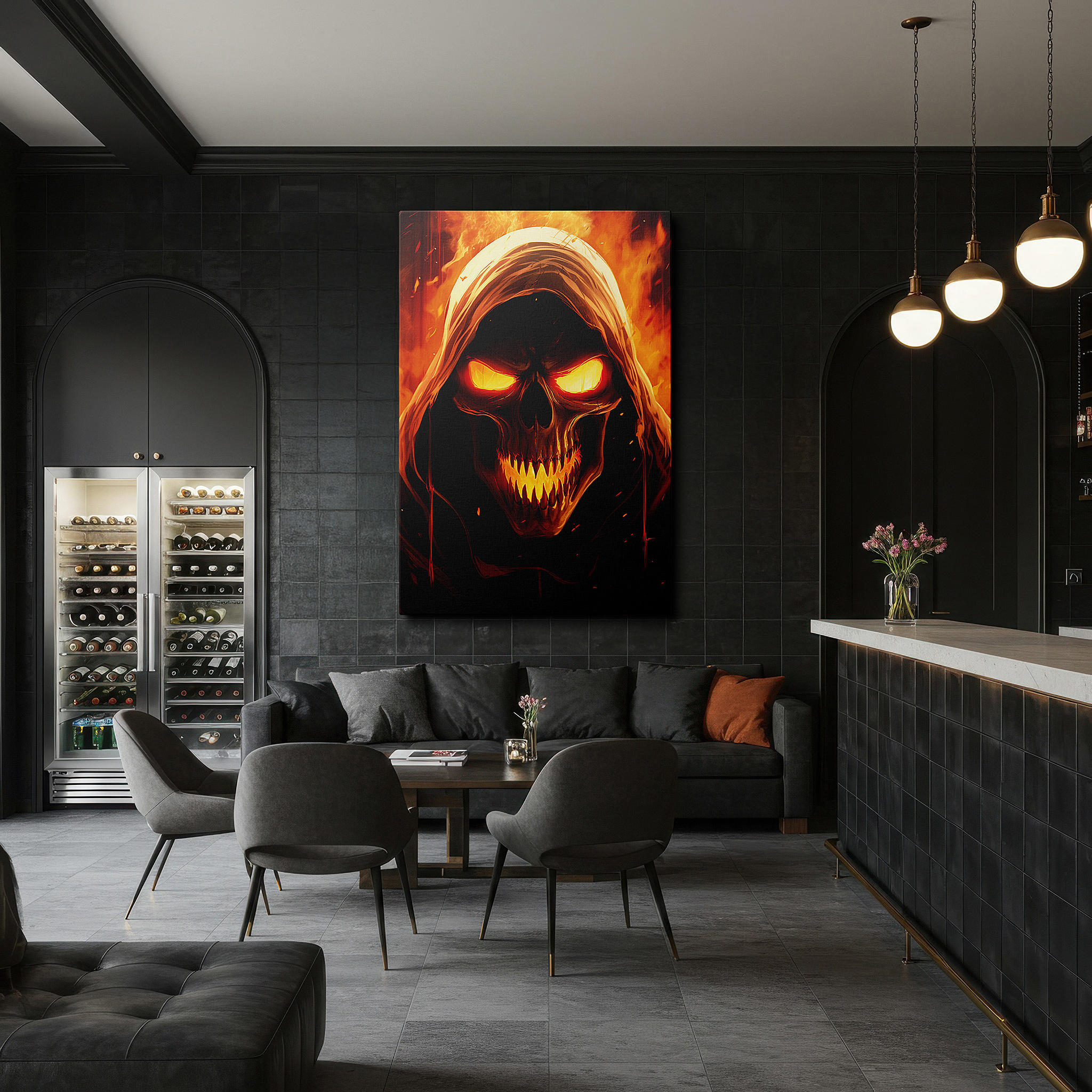 Bold and expansive at 90×60 cm — ideal for making a statement above large furniture — dance of death and passion in flames wall art, large canvas decor for office, bedroom, and living room