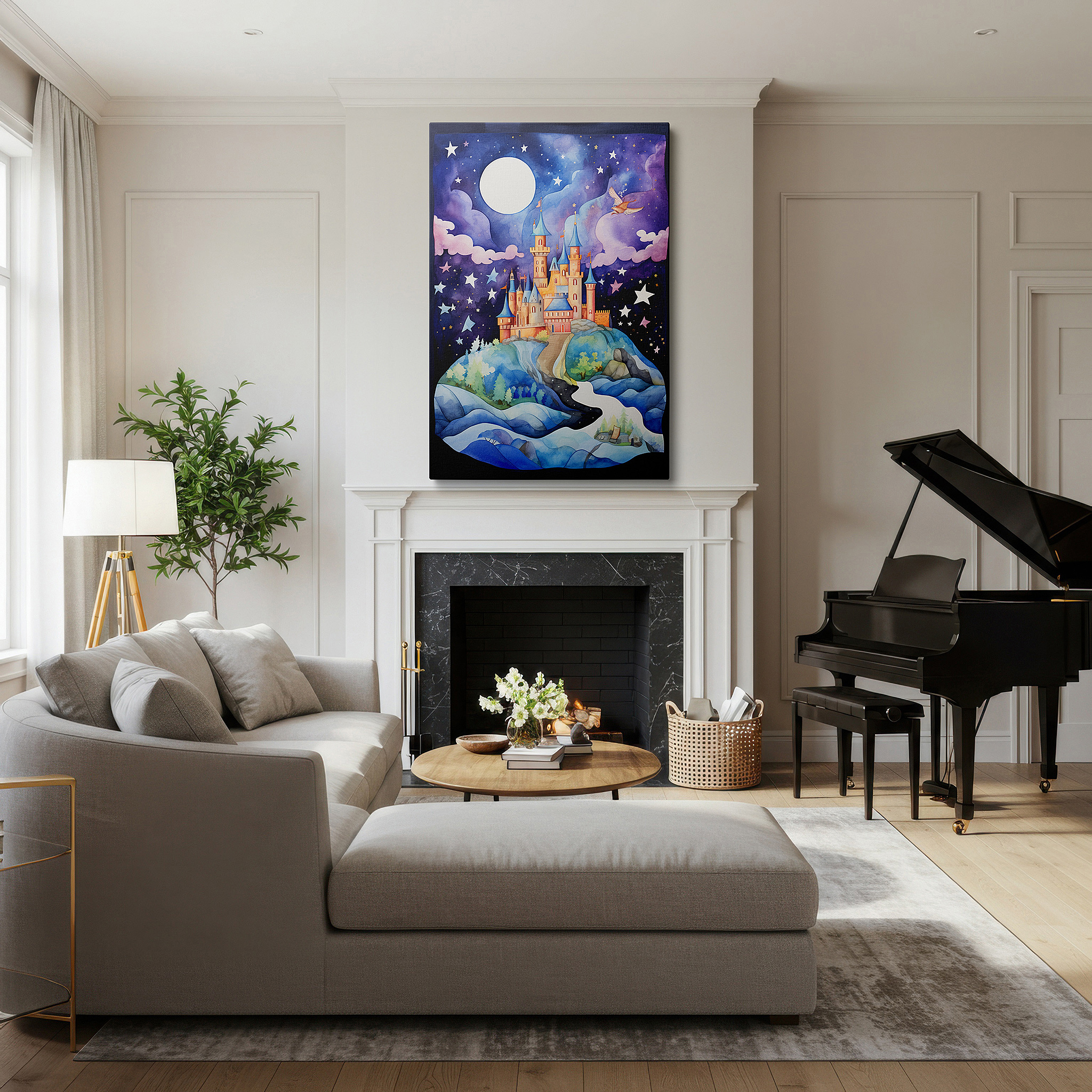 Bold and expansive at 90×60 cm — ideal for making a statement above large furniture — enchanted castle in a starlit realm wall art: fairy tale magic landscape, large canvas art for office and bedroom decor