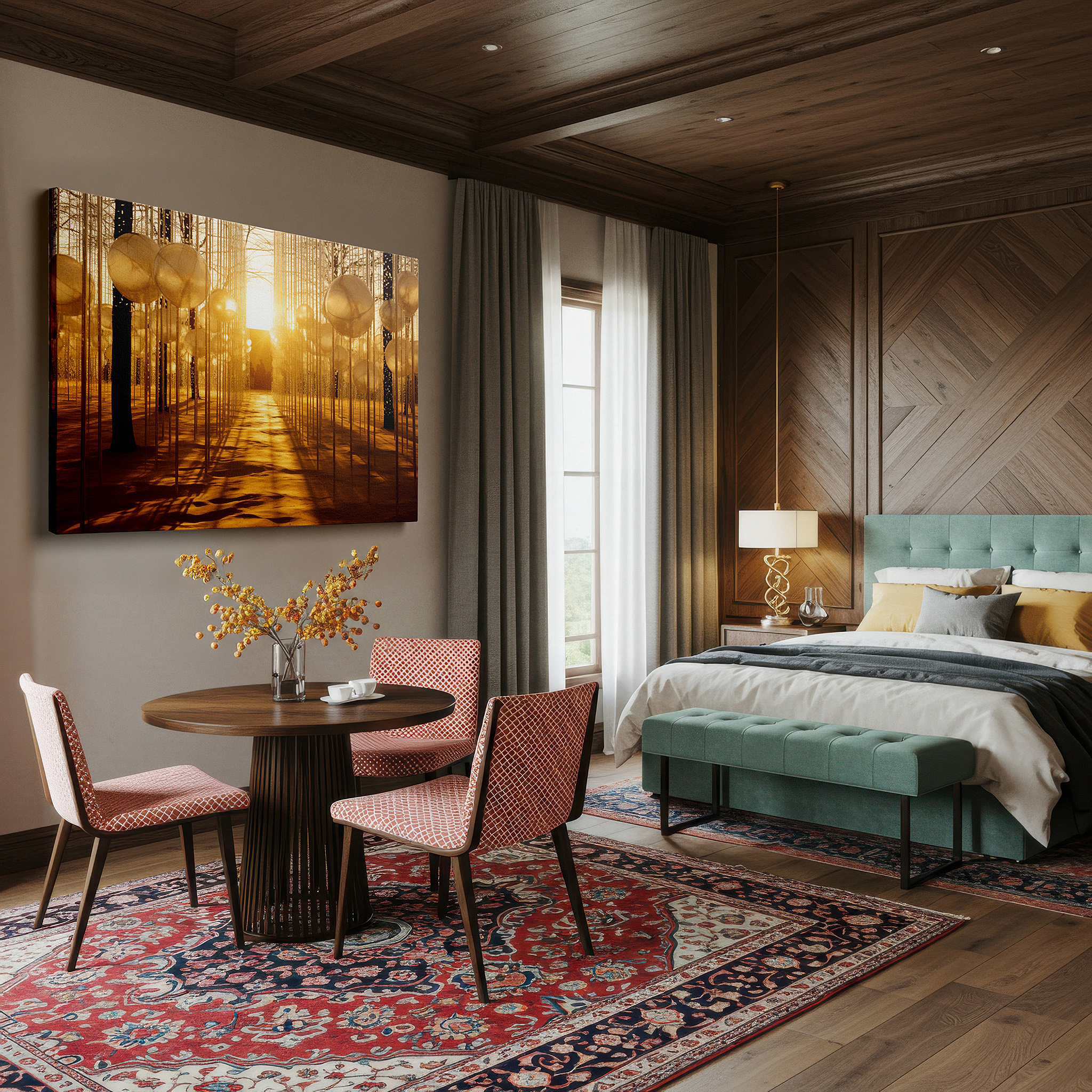 Bold and expansive at 90×60 cm — ideal for making a statement above large furniture — enchanted forest and abstract light fusion: innovative nature-themed large wall art for offices and bedrooms