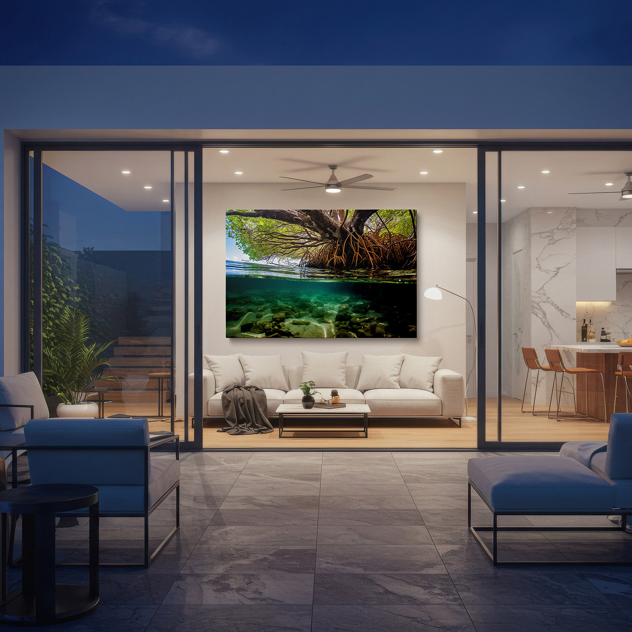 Bold and expansive at 90×60 cm — ideal for making a statement above large furniture — enchanted mangrove realm - a vibrant blend of land and sea in emerald and earth tones, large wall art, canvas wall art, wall decor for office