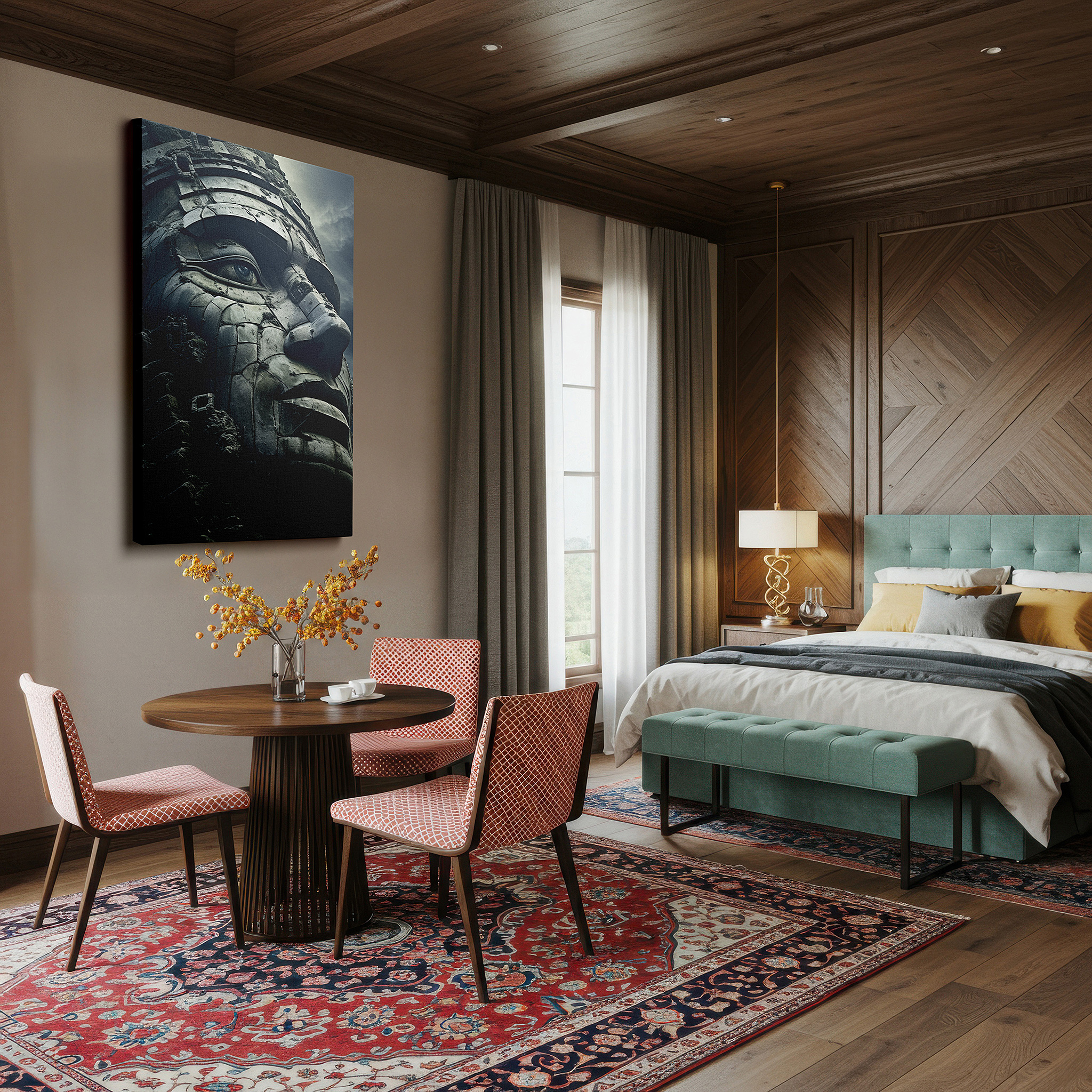 Bold and expansive at 90×60 cm — ideal for making a statement above large furniture — enchanting stone face canvas: textured and historically rich large wall art for offices and bedrooms
