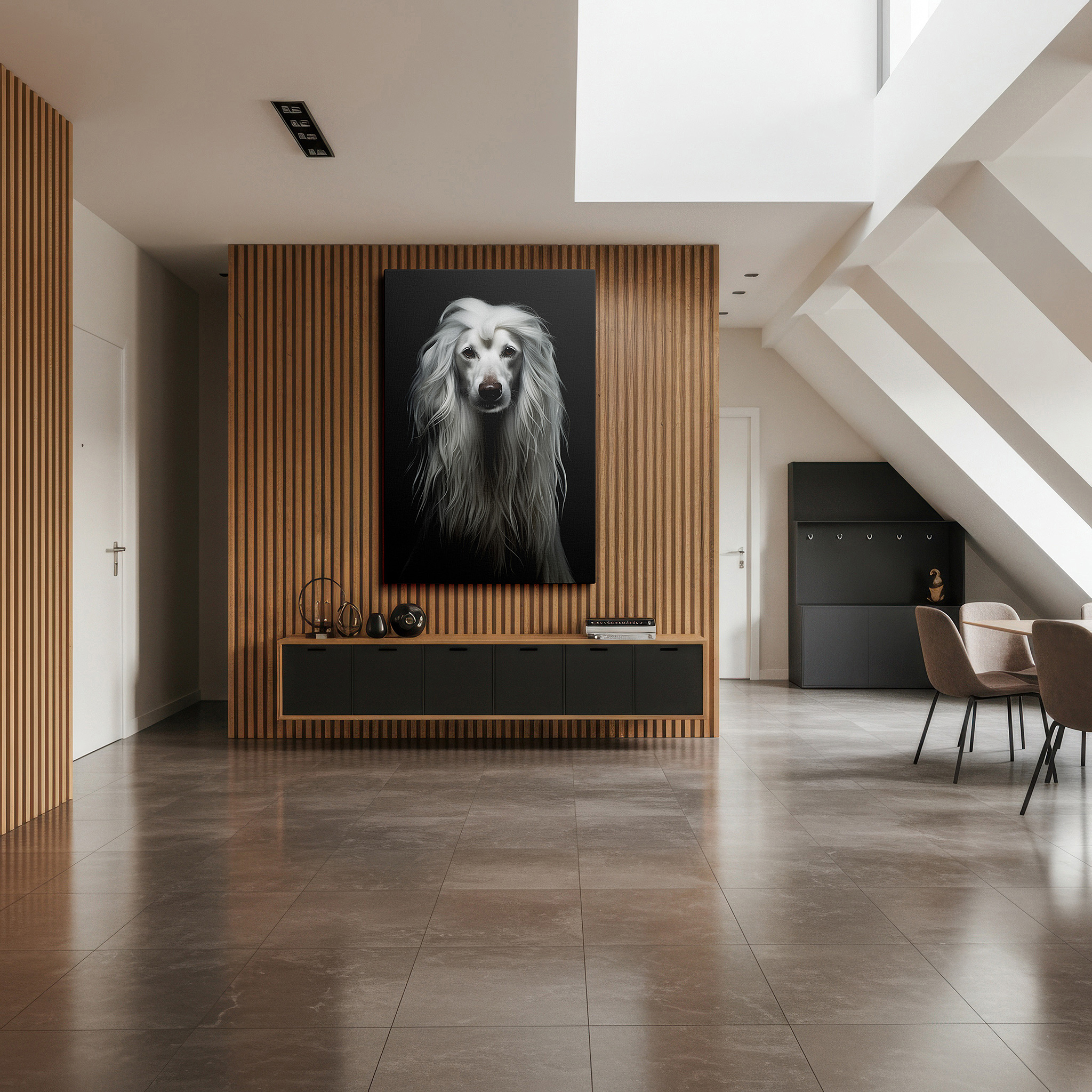Bold and expansive at 90×60 cm — ideal for making a statement above large furniture — ethereal majesty: dreamy long-haired dog large wall art for office, bedroom, and living room decor
