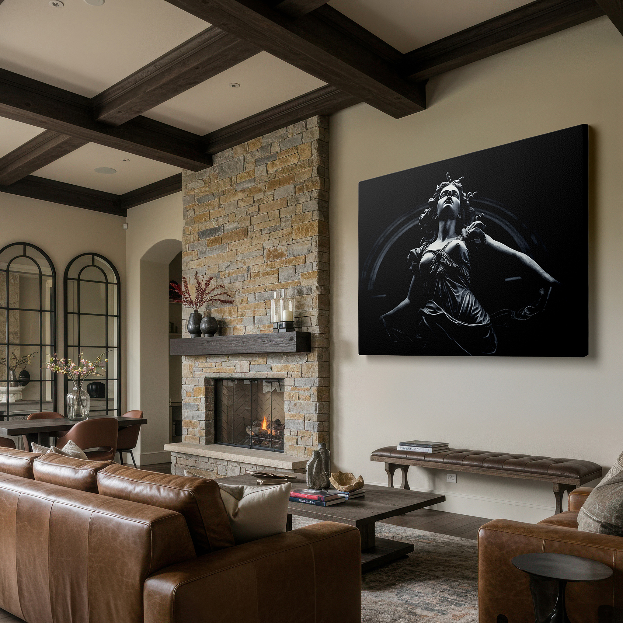 Bold and expansive at 90×60 cm — ideal for making a statement above large furniture — ethereal statue in motion: a dance of light and shadow amidst darkness - large canvas wall art for office and bedroom decor