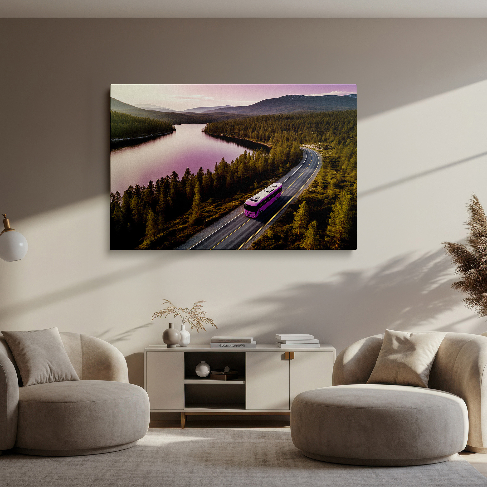 Bold and expansive at 90×60 cm — ideal for making a statement above large furniture — explore the tranquil lake road with a chic pink bus surrounded by lush mountains - large wall art, canvas wall art, wall decor for office